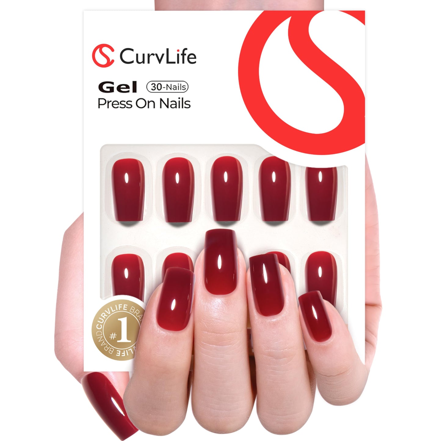 CurvLife Soft Gel Square Press On Nails, Medium Deep Red Christmas Design Acrylic Stick On Nails Tips Glue On False Nails Kit For Women