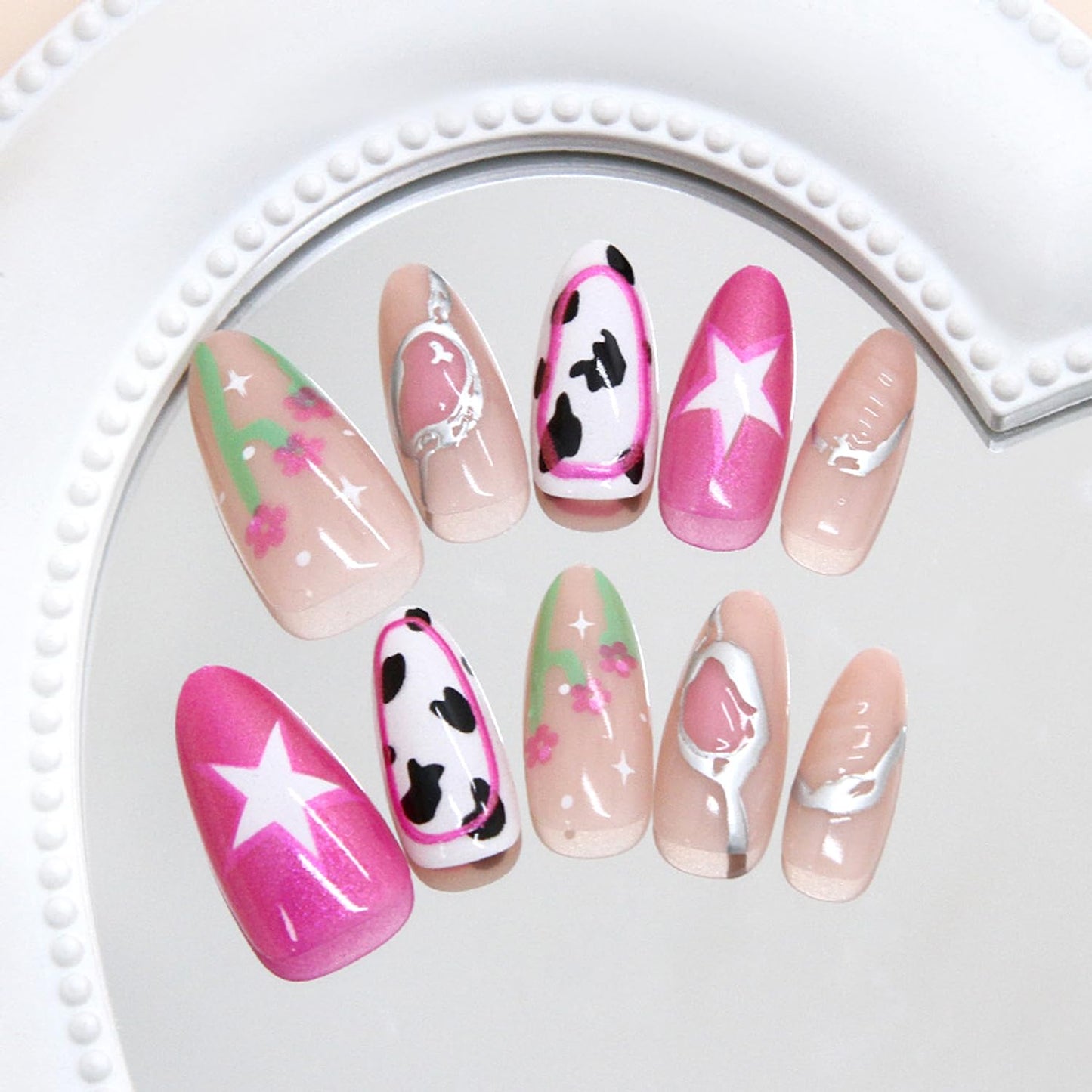 30Pcs 3D Chrome Silver Press on Nails Medium Almond Fake Nails Pink Magnetic Shimmer Designs False Nails Cow Print Artificial Nails Nude Glossy Full Cover Star Flower Acrylic Stick on Nail for Women