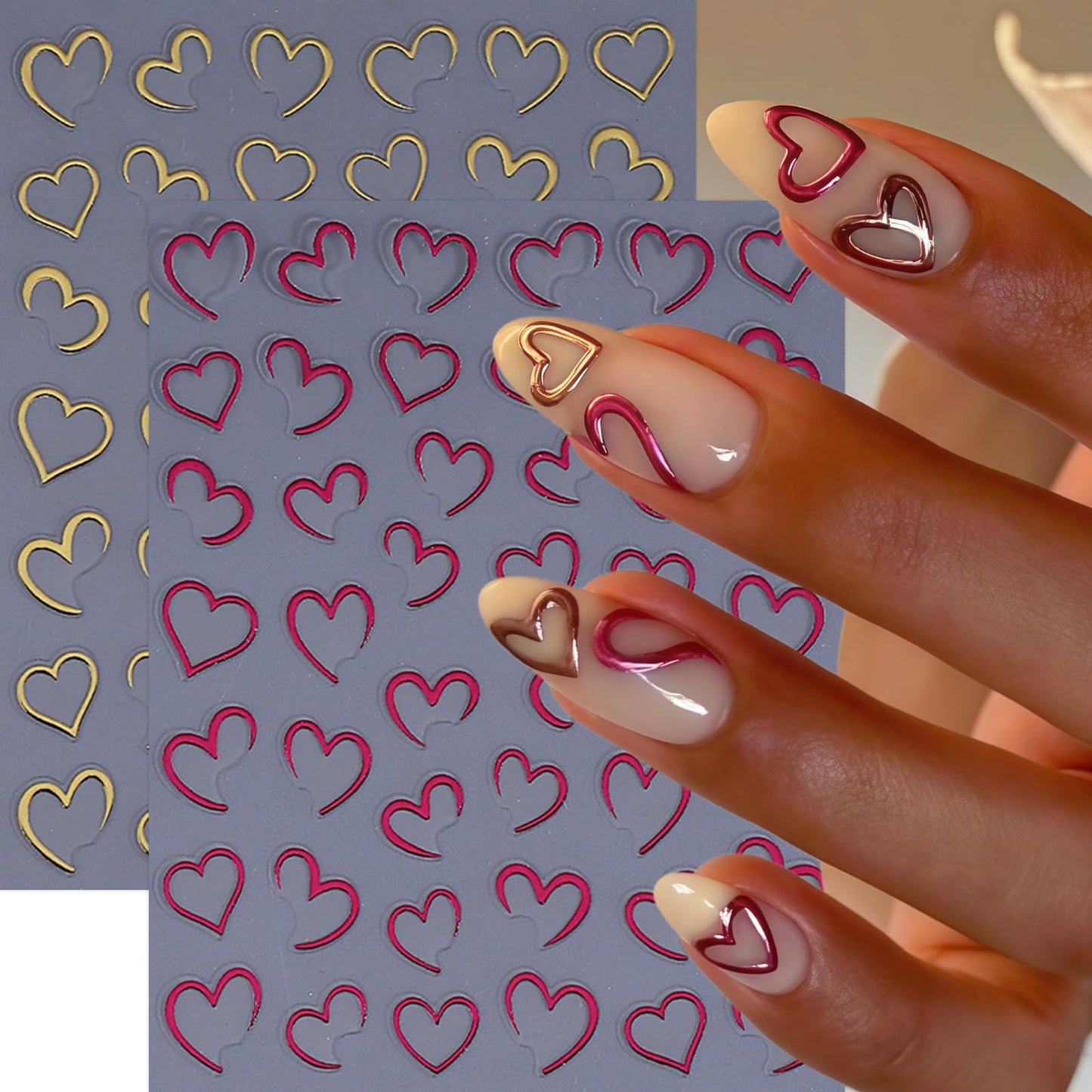 8 Sheets Heart Nail Art Stickers Valentines 3D Self-Adhesive Nail Decals Red Silver Gold Hollow Hearts Nail Design Heart Acrylic Decoration DIY for Women Manicure Supplies Decorations Accessories