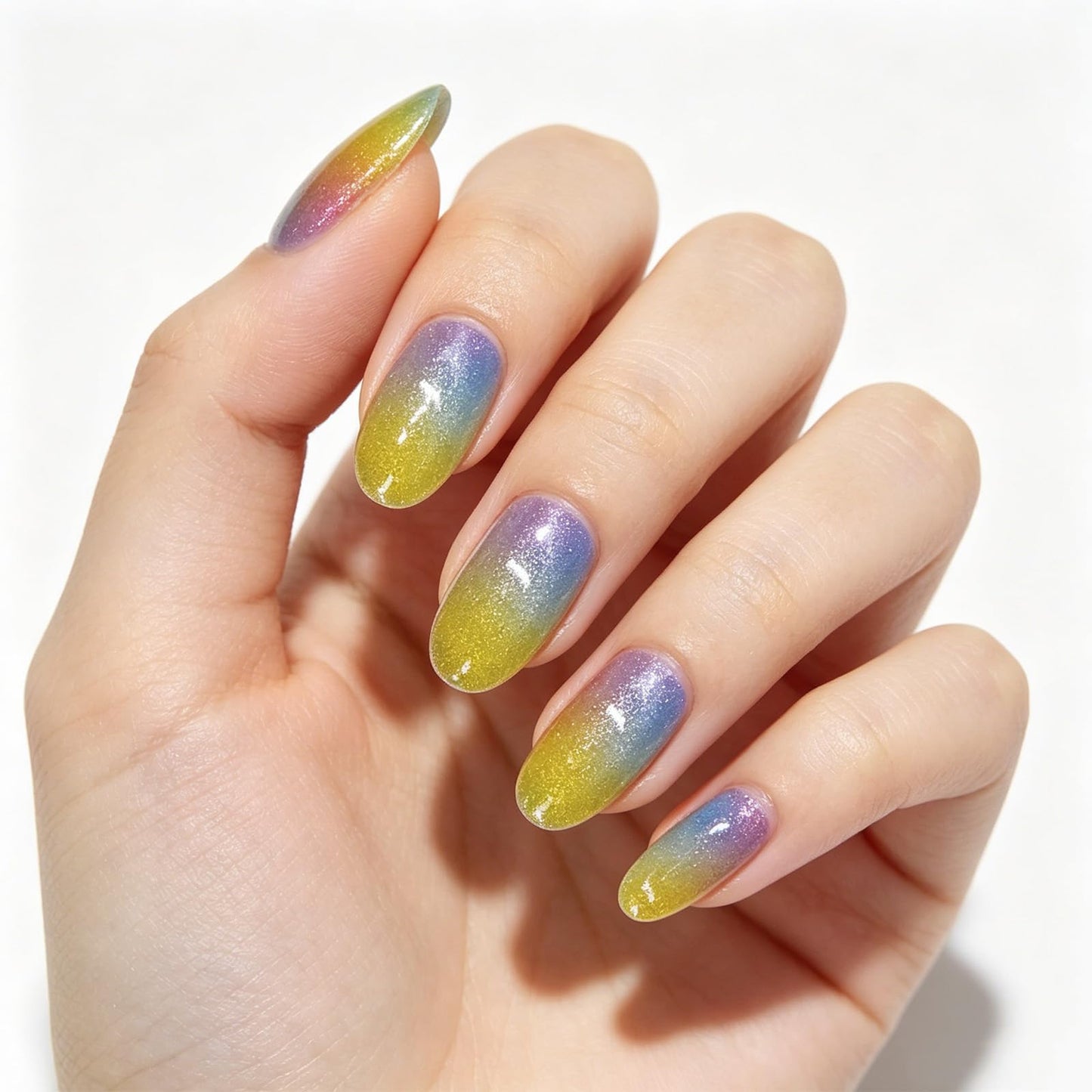 Rainbow Press on Nails With Pride Design, Medium Oval False Nails, Glossy Shimmer Glitter Fake Nail Sparkly Ombre Glue on Nail, Shine Gradient Stick on Reusable Acrylic Fingernail for Women Daily Wear