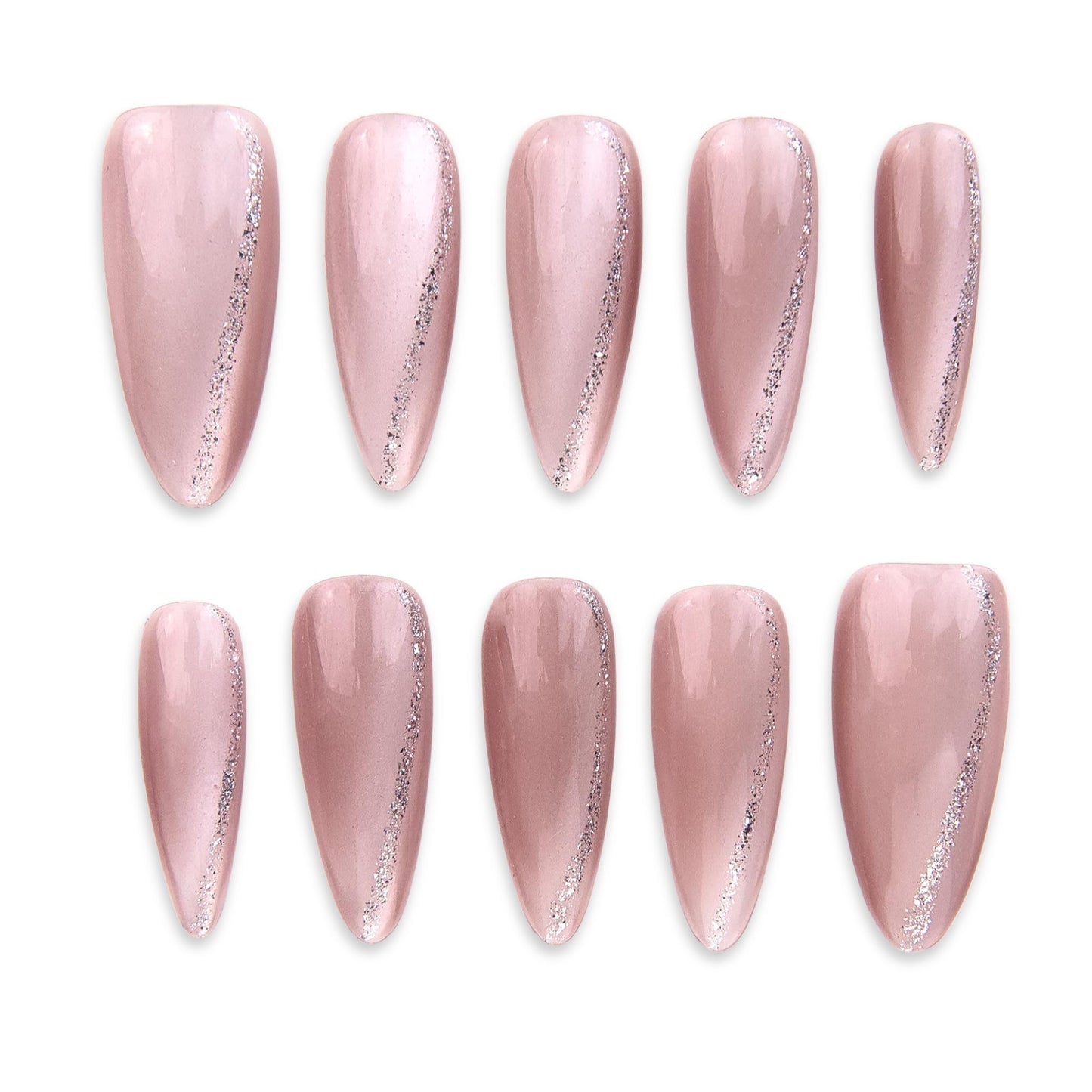 SIYOU Beauty | Shooting Star Sky | Pink Glitter Long Almond Press On Nails for Women (Small) - Reusable, Salon-Quality Fake Nails (10pc)