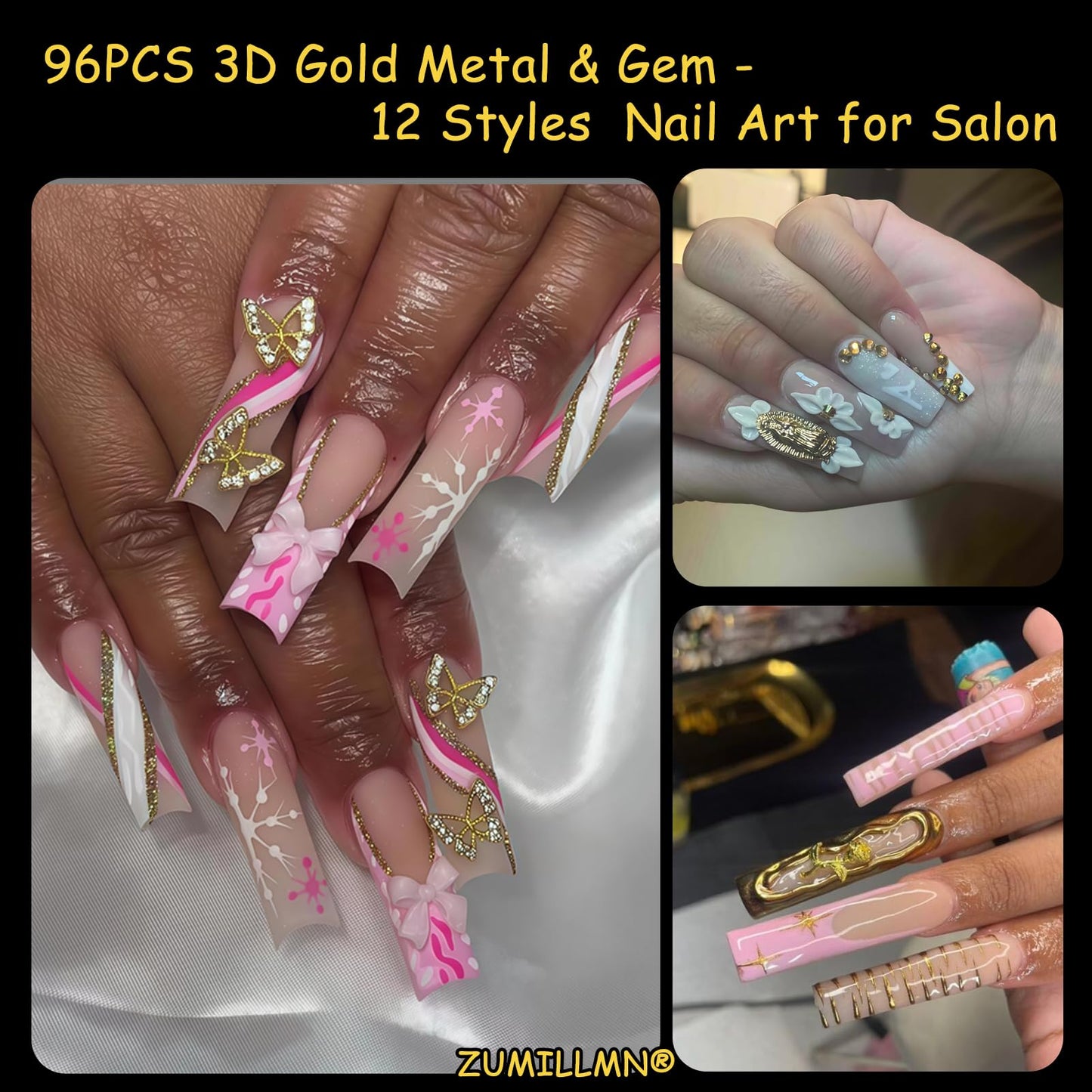 ZUMILLMN 96PCS 3D Nail Charms - Gold Alloy Bow, Rose,Butterfly,Cross,Star,Virgin Mary & Coin Charms, Shiny Nail Rhinestones for Nail Art, Manicure, DIY Jewelry Making（96pcs）