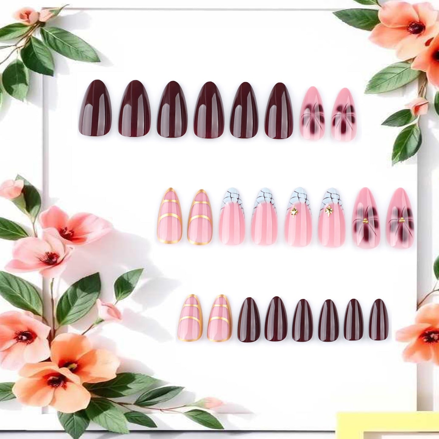 CJDLTS French Tip Press on Nails Almond Medium Flower Rhinestones Design Full Cover Glossy Acrylic Fake Nail Press Ons Artificial Fingernails DIY Reusable Glue on Nails for Women 24Pcs