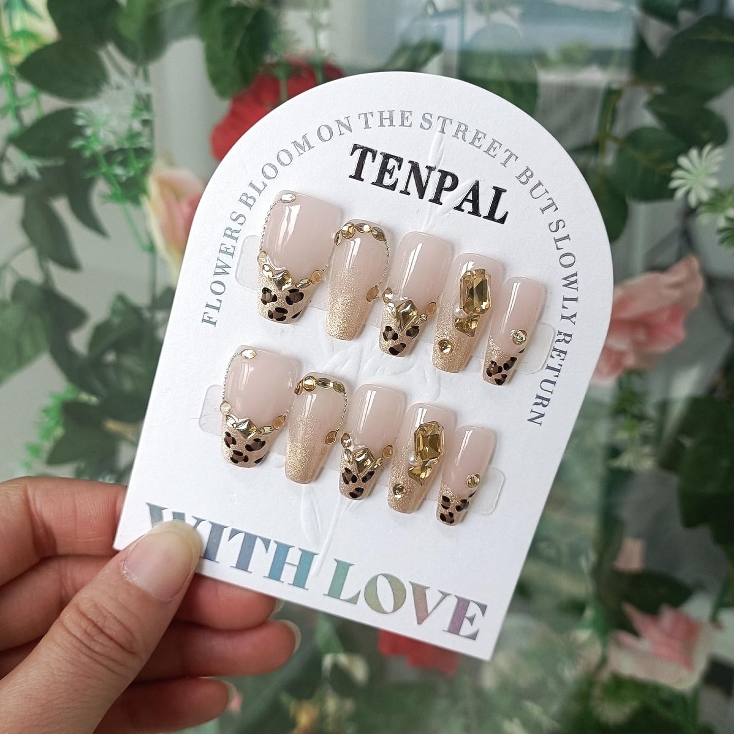 TENPAL Handmade Leopard Cat Eye French Glitter Design Fake Nails,Resuable 10Pcs Press on Nails Medium Kit,Luxury Coffin Shaped Glam Glue on Nails for Women Daily Use, Bridal,Autumn Winter Parties(M)