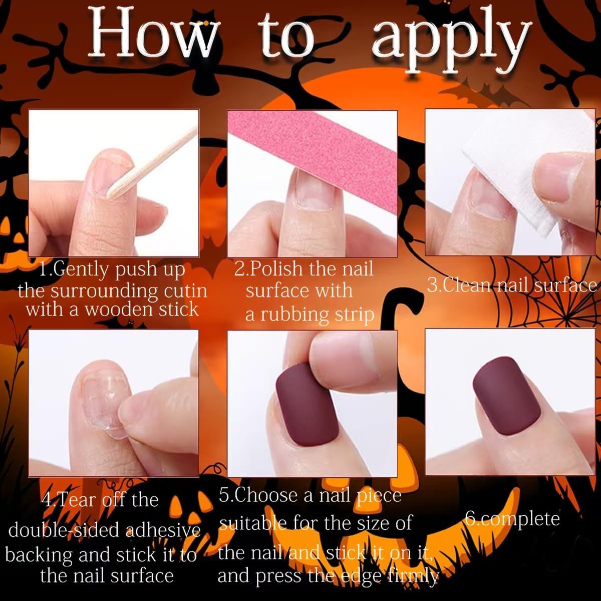Halloween Press on Nails Short Square Fake Nails Spider Web Bat Cat Witch Designs Stick on Nails French Tip False Nails Orange Glitter Nail Artificial Acrylic Glue on Nail for Women Manicure 24Pcs