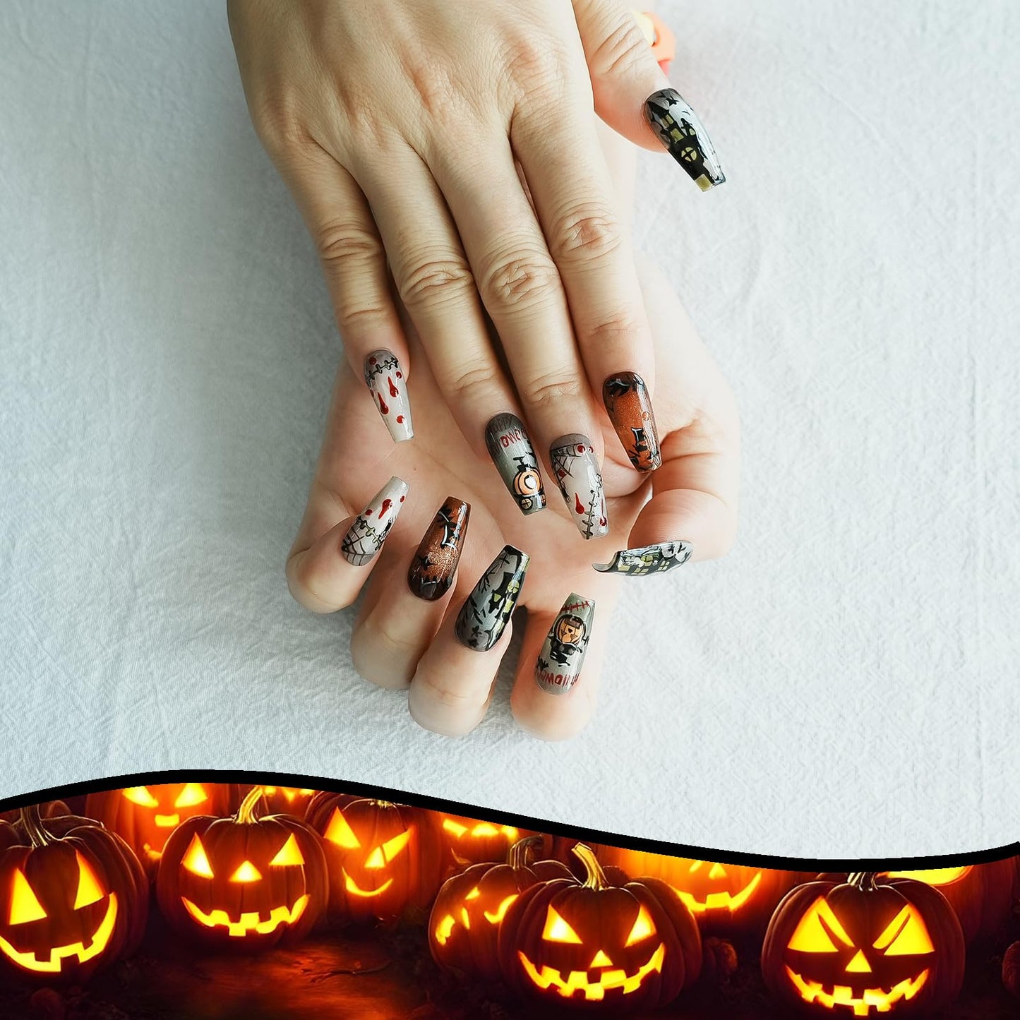 Tesytto Handmade Kawaii Press on Nails Long Coffin - 3D Cartoon Character Design, Luxury Hand-Painted Anime Style False Nails for Women (Halloween House Story,M)
