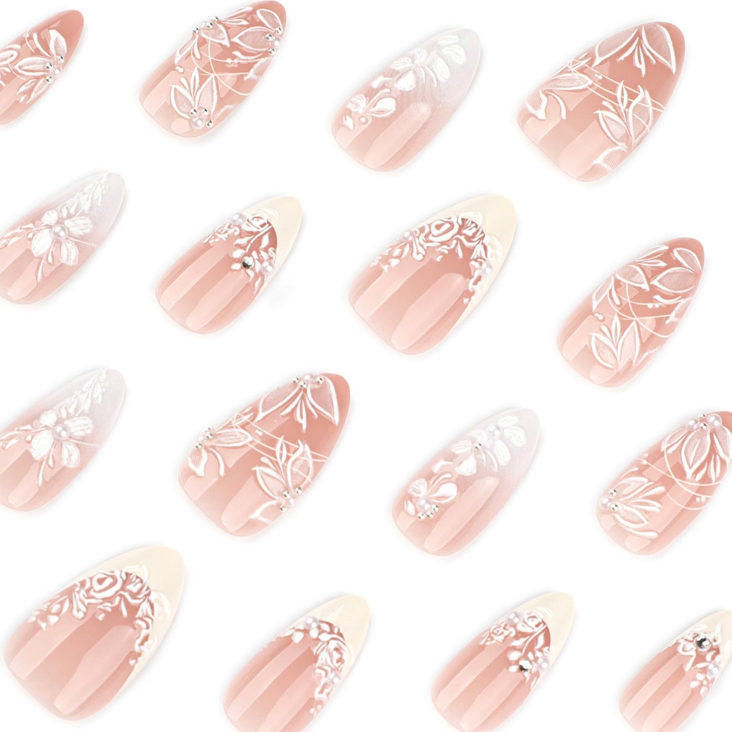 LBPEPAMZ 24Pcs White Press on Nails Almond Short Fake Nails with 3D Flowers Pearl Flash Charms Design White French Tip Glue on Nail Spring Summer Floral Acrylic False Nail Stick on Nails for Women