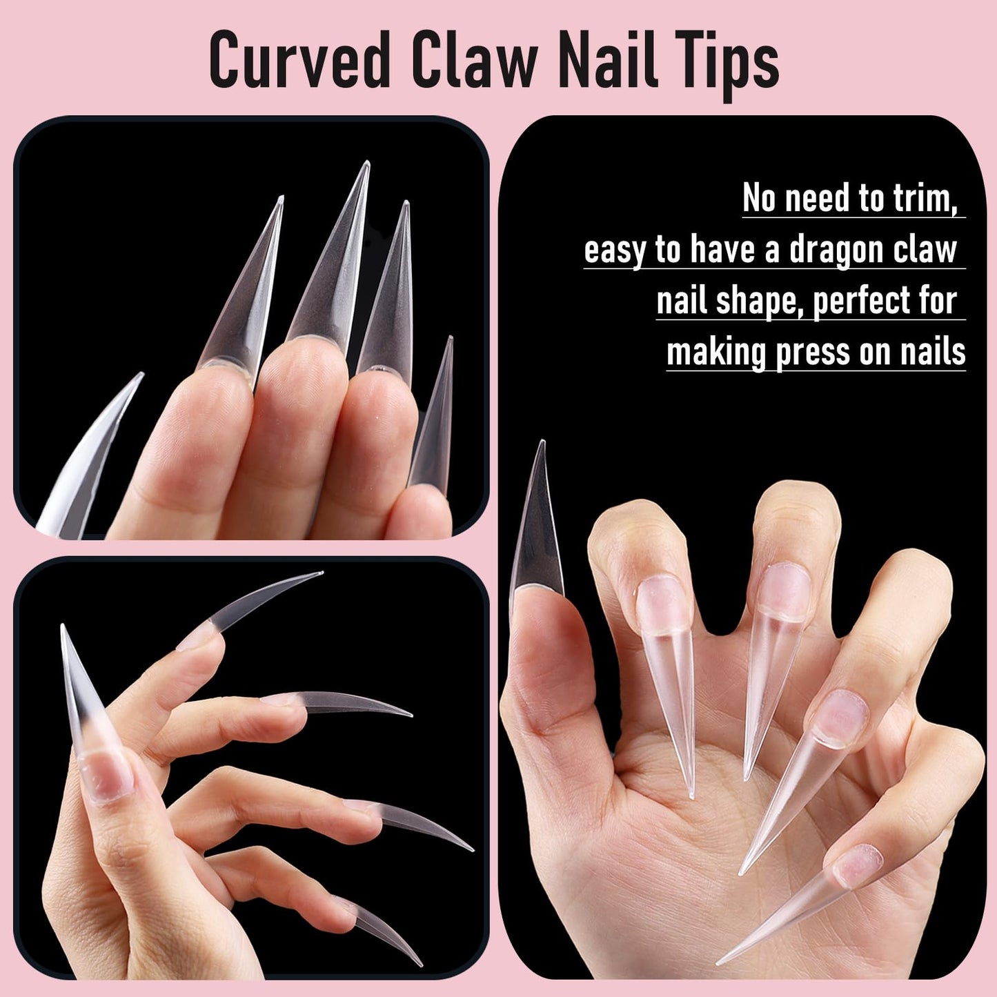 Wellquinn 300 Pcs Long Curved Stiletto Nail Tips Full Cover Eagle Claw Press on Nails, XXL Dragon Claw Sculptural Fake Acrylic Nails Cat Claw False Nail Tips for Nail Art Design 15 Sizes Q44