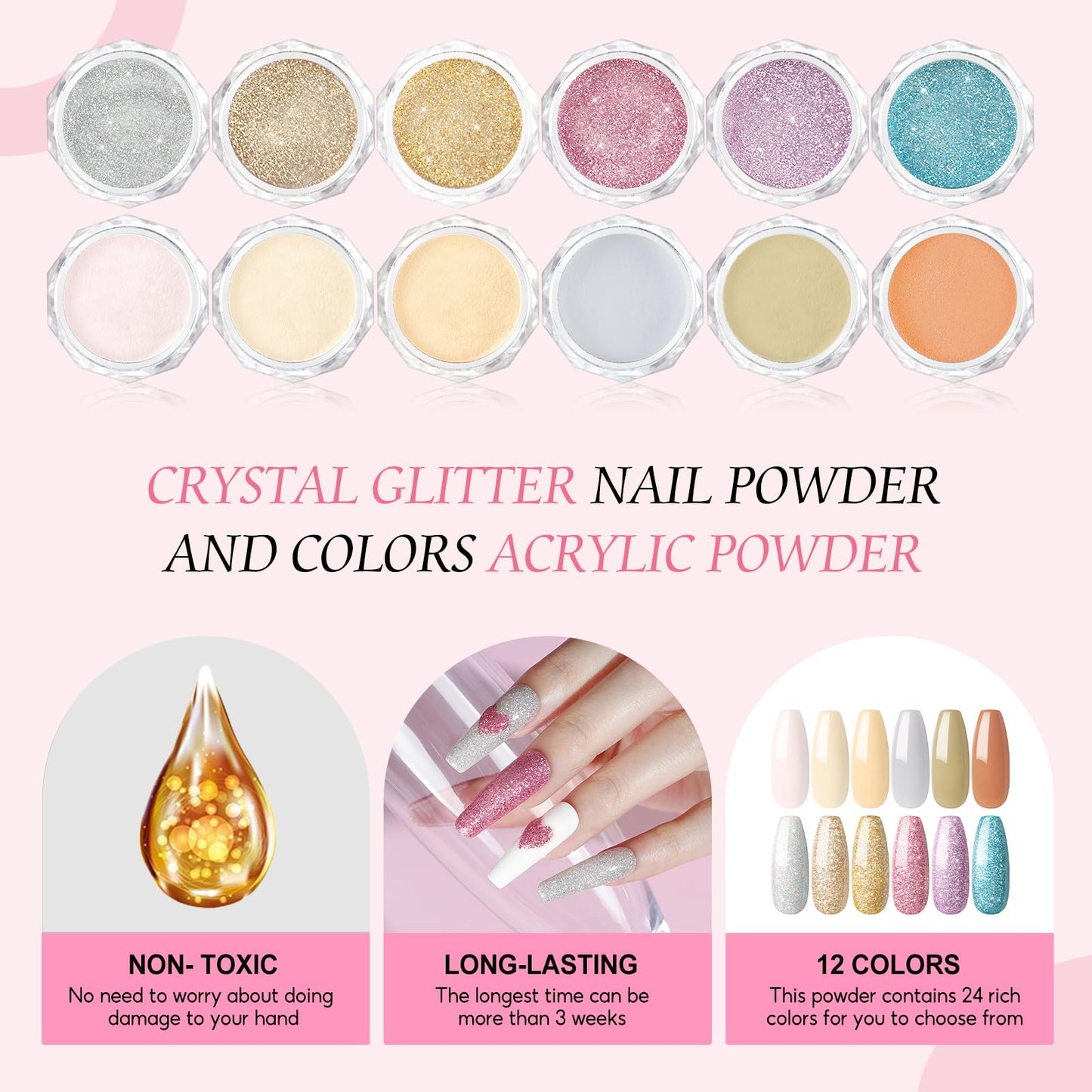 Acrylic Nail Kit for Beginners with Drill U V light, 3pc Acrylic Powder Clear/ Pink /White Set 12Pcs Glitter Powder 200Pcs Fake Tips Nail Starter Kit for Extensions DIY