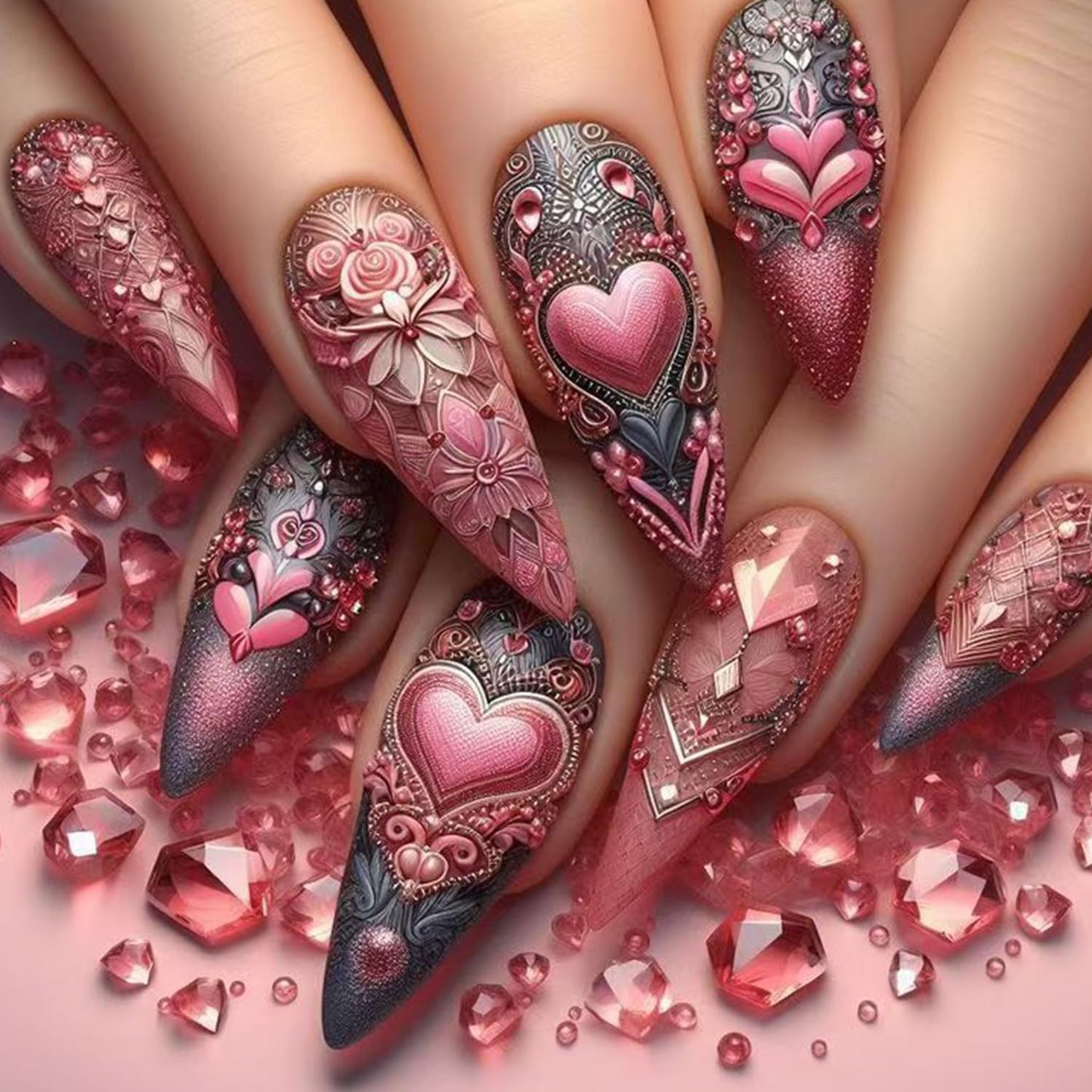 Heart Press on Nails Extra Long Artificial Acrylic Pink Multi Layered love Fake Nails Pink Rose Coffin Nails Full Cover Glossy Valentines Stick on Nail Artificial Fingernails Women Festival Manicure