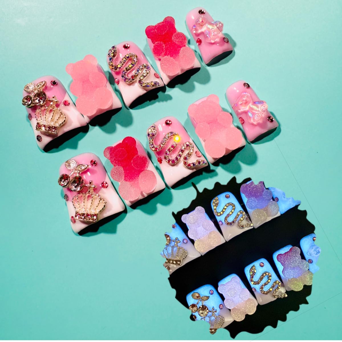 IntoVibes Handmade Short Duck Press On Nails, Glow-In-The-Dark Bear And Y2K, 10 Pieces Reusable Acrylic False Nails, Size Medium