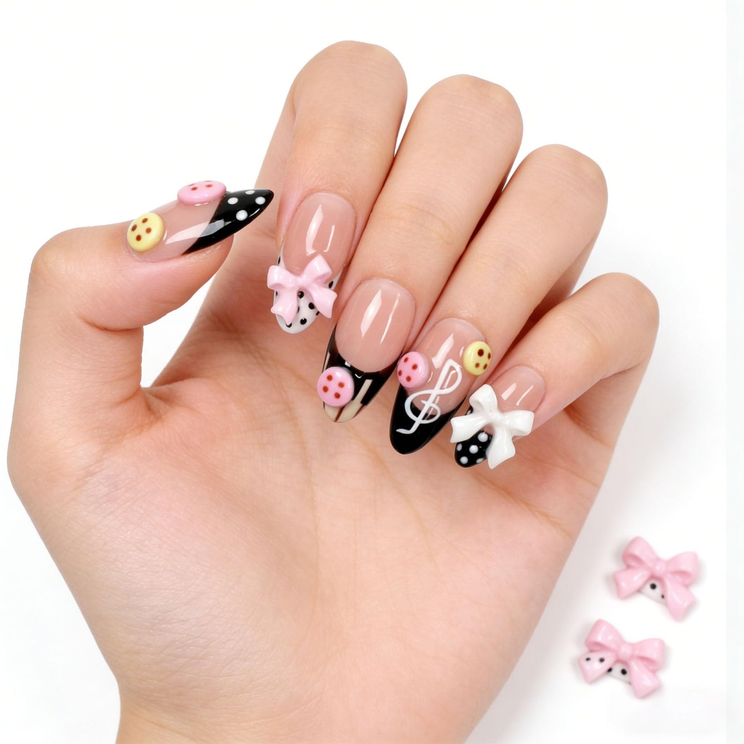 Handmade Press on Nails Almond Shape 3D Cute Glue on Nails for Women, Luxury Homemade Press on Nail Art Design, Fake Nails with 3D Nail Charms Size M 8