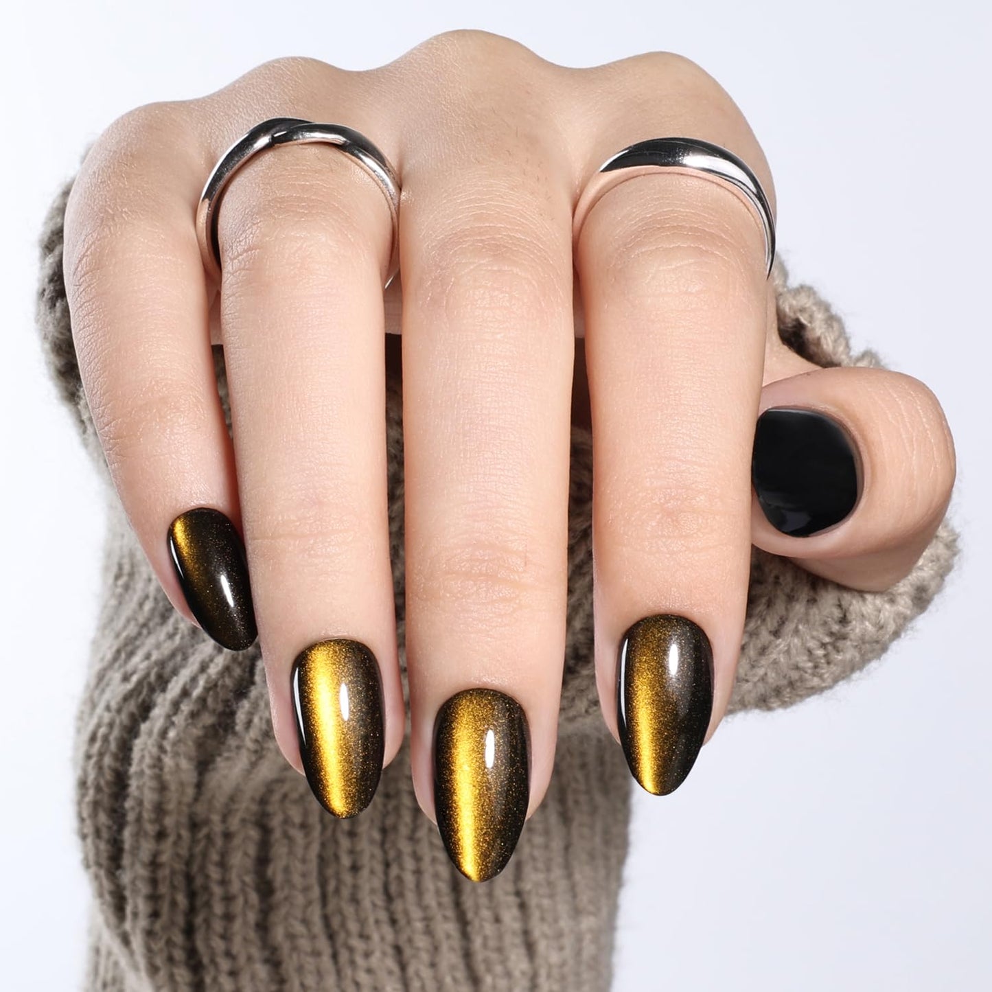 Gold Cat Eye Press On Nails - Gold Short Almond Fake Nails, Cateye Press On Nails Reusable Stick On Nails in 16 Sizes, 32pcs False Nail Kit for Women & Girls (Golden Cat Eye)