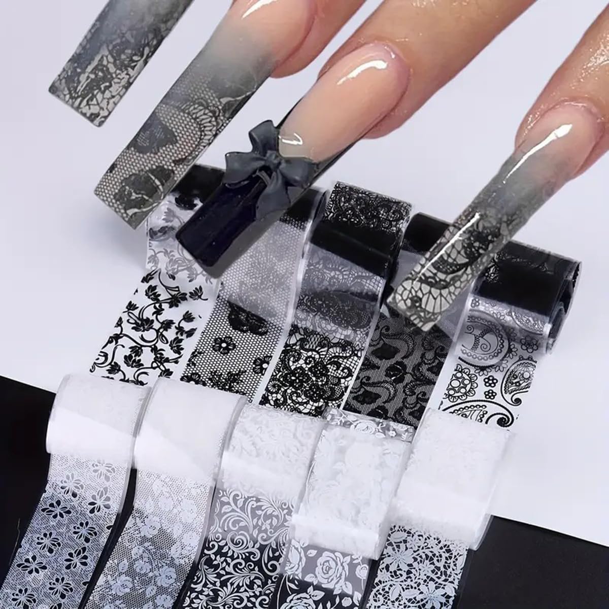Black White Lace Nail Art Foils Transfer Stickers 10 Rolls Y2K Lace Flower Nail Foil Adhesive Decals Designer Nail Art Supplies Starry Sky Paper Manicure Accessories for Women Acrylic Nails Decoration