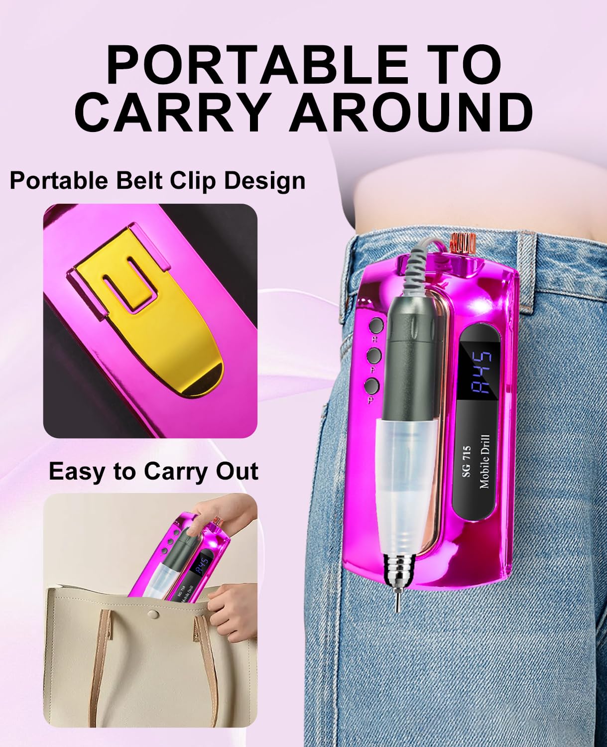 LimeGirl Nail Drill Professional 45000RPM, Pink Electric Nail File for Acrylic Nails Gel Nails, with 11-in-1 Nail Drill Bits for Fast Polishing Manicure Pedicure, Rechargeable Hand Foot Care Tool