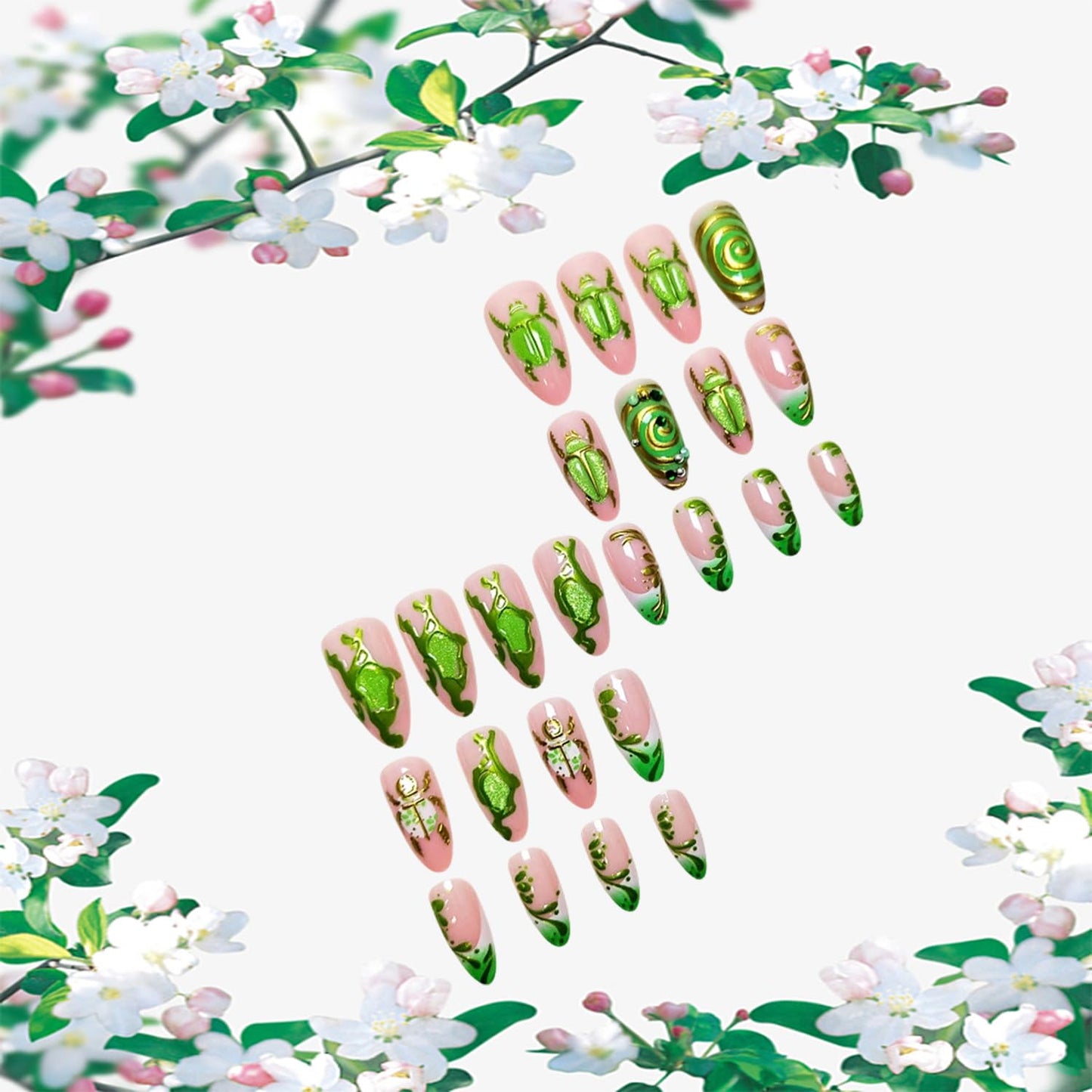 CJDLTS Pink Press on Nails Almond Shaped Artificial Acrylic French Gradient Fake Nails Green Golden Turtle with Metal Lines Long Design Glue on Nail Artificial Fingernails for Women Manicure 24Pcs