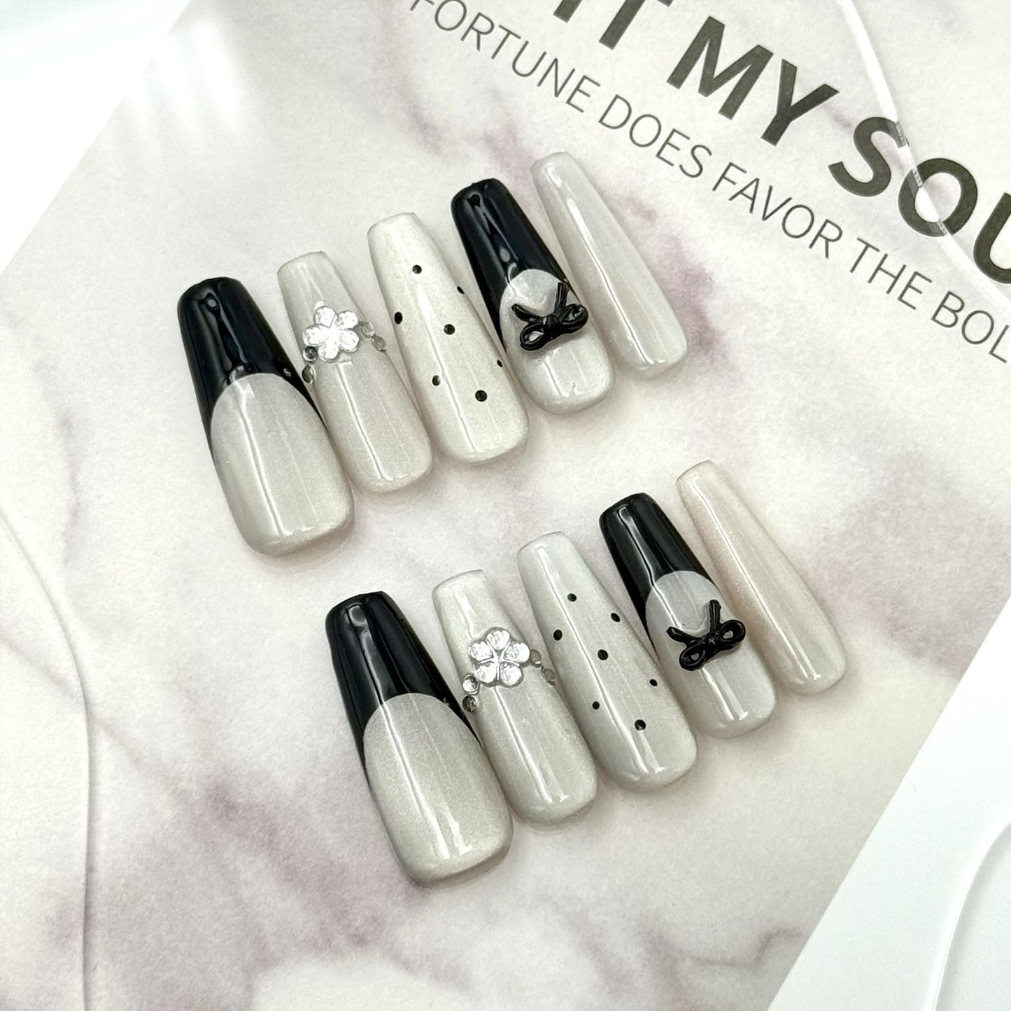 French Tip Press on Nails, Long Coffin Fake Nails,Glitter ballet-inspired style with Rhinestones, and silver black white Polka Dot Nails for Wedding Party.10Pcs Nail Kit for Women Manicure.