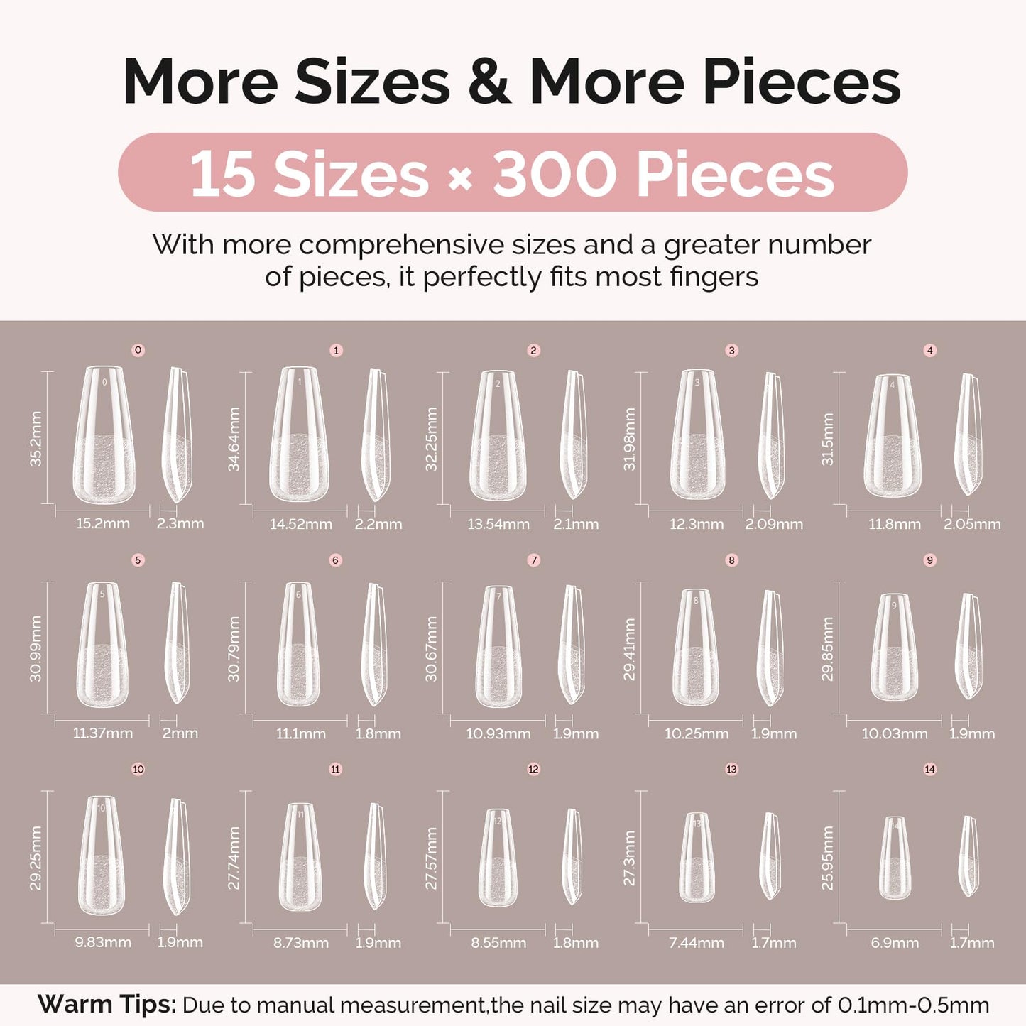 MelodySusie Long Coffin Gel Nail Tips Kit-300Pcs Pre-Building Apex Fake Nail Tips 20g Solid Nail Glue Gel,Half Matte Full Cover Clear Acrylic Nail,15Sizes Thick Strong Long Lasting for Home DIY&Salon