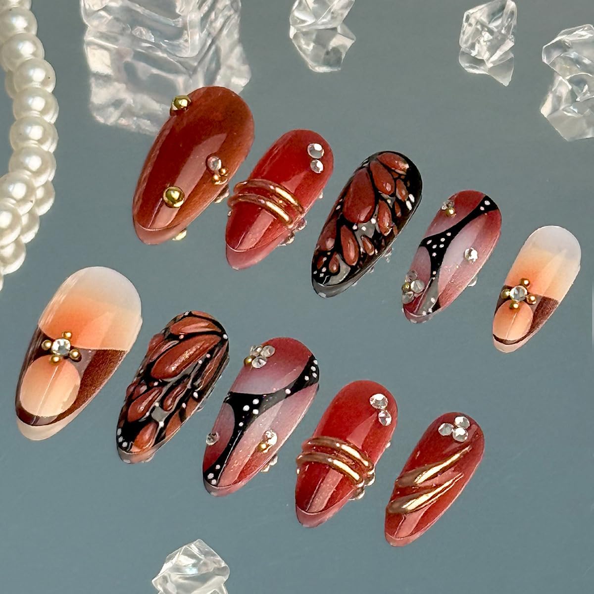Medium Almond Press on Nails - 3D Charms Fake Nails with Black Red Butterfly Designs False Nails French Tip Glue on Nails Reusable Full Cover Stick on Nails for Women Manicure 24Pcs