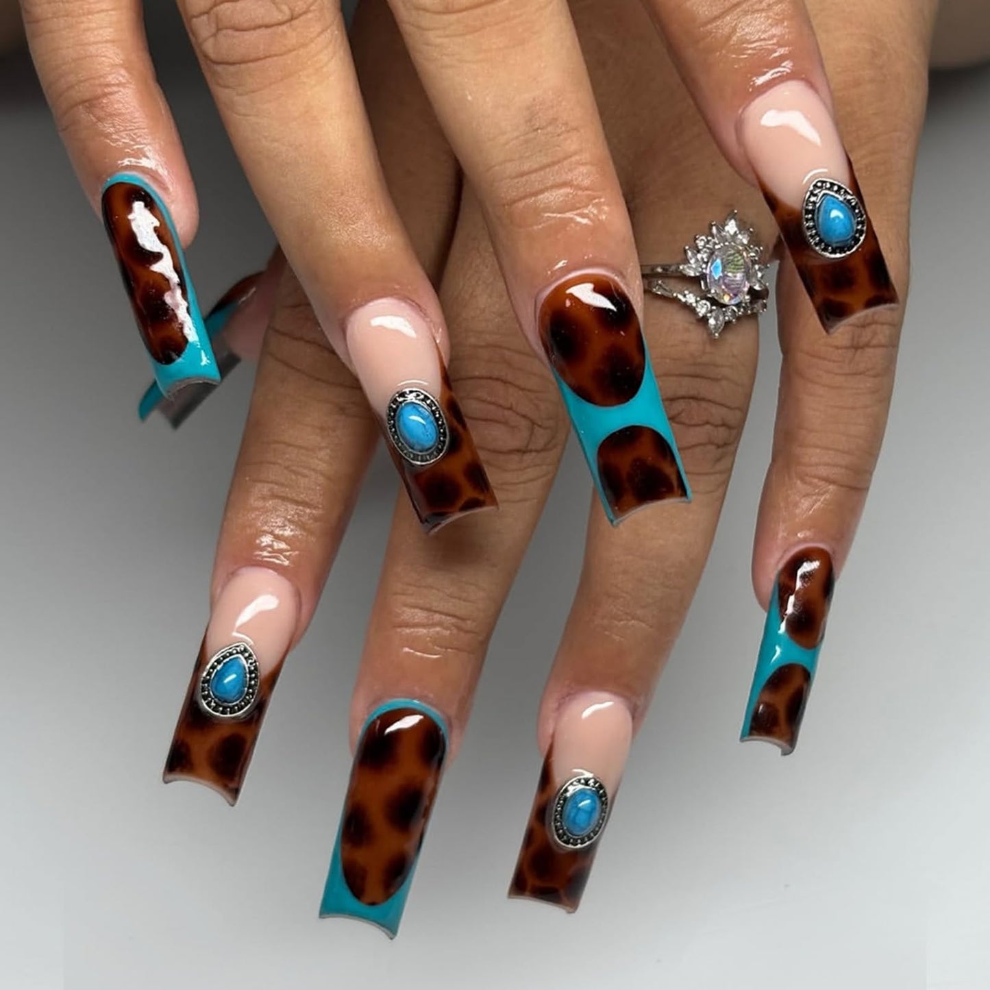 octoswave Long Square Press on Nails Leopard Tortoise Shell Print with Turquoise Charms Boho Western Style False Nails for Women 24Pcs