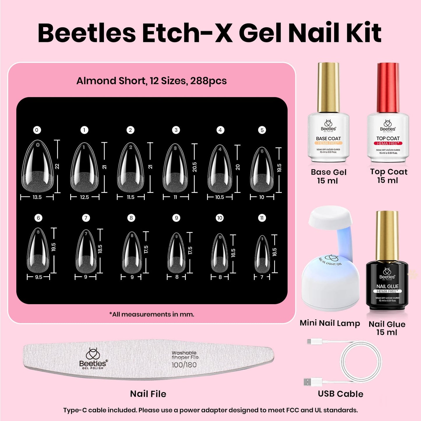 Beetles Gel Nail Kit Etch-X, Almond Short, 288pcs 12 Sizes Nail Tips, 3Pcs 15ml HEMA-Free Nail Glue Top Coat & Base Gel Set, with Mini Lamp, Press On Nail, Long Lasting Extension DIY Set at Home
