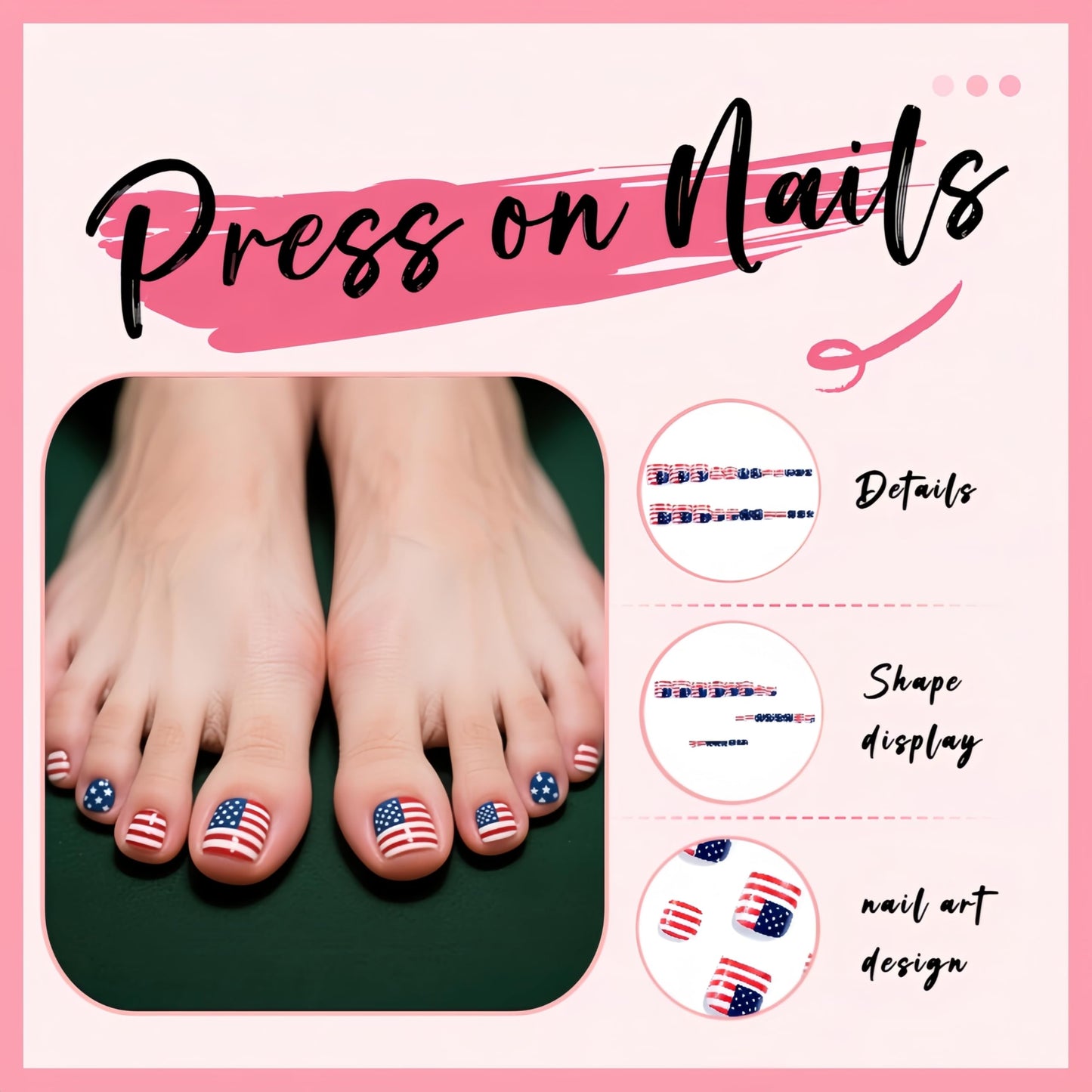 24Pcs Independence Day Press on Toenails Short Square Fake Toe Nails Fourth of July Stripes Stars False Toenails American Flag Designs Patriotic Flag Acrylic Toe Nails for Women Nail Art Decorations