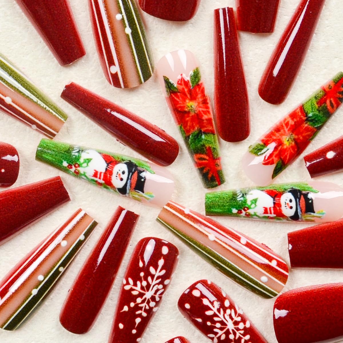 Christmas Long Press on Nails Snowflake Holly Fake Nails with Green Stripe Designs Snowman Winter Coffin Shaped False Nails for Women Xmas Glue on Nail Full Cover Reusable Stick on Nail