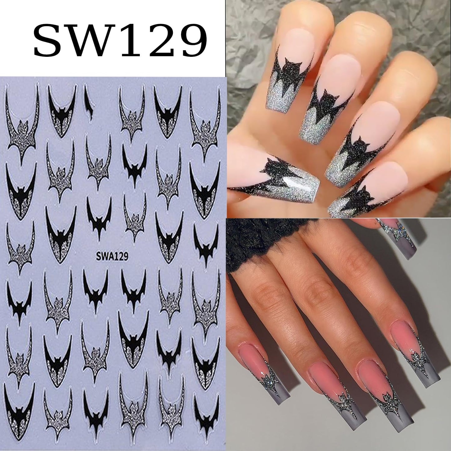 CJDLTS 6 Sheets Halloween Nail Art Stickers 3D Self -Adhesive Bat Nail Decals Holographic Hot Stamping Gold Silver Bat Nail Stickers Halloween French Nail Decoration for Women Manicure Supplies