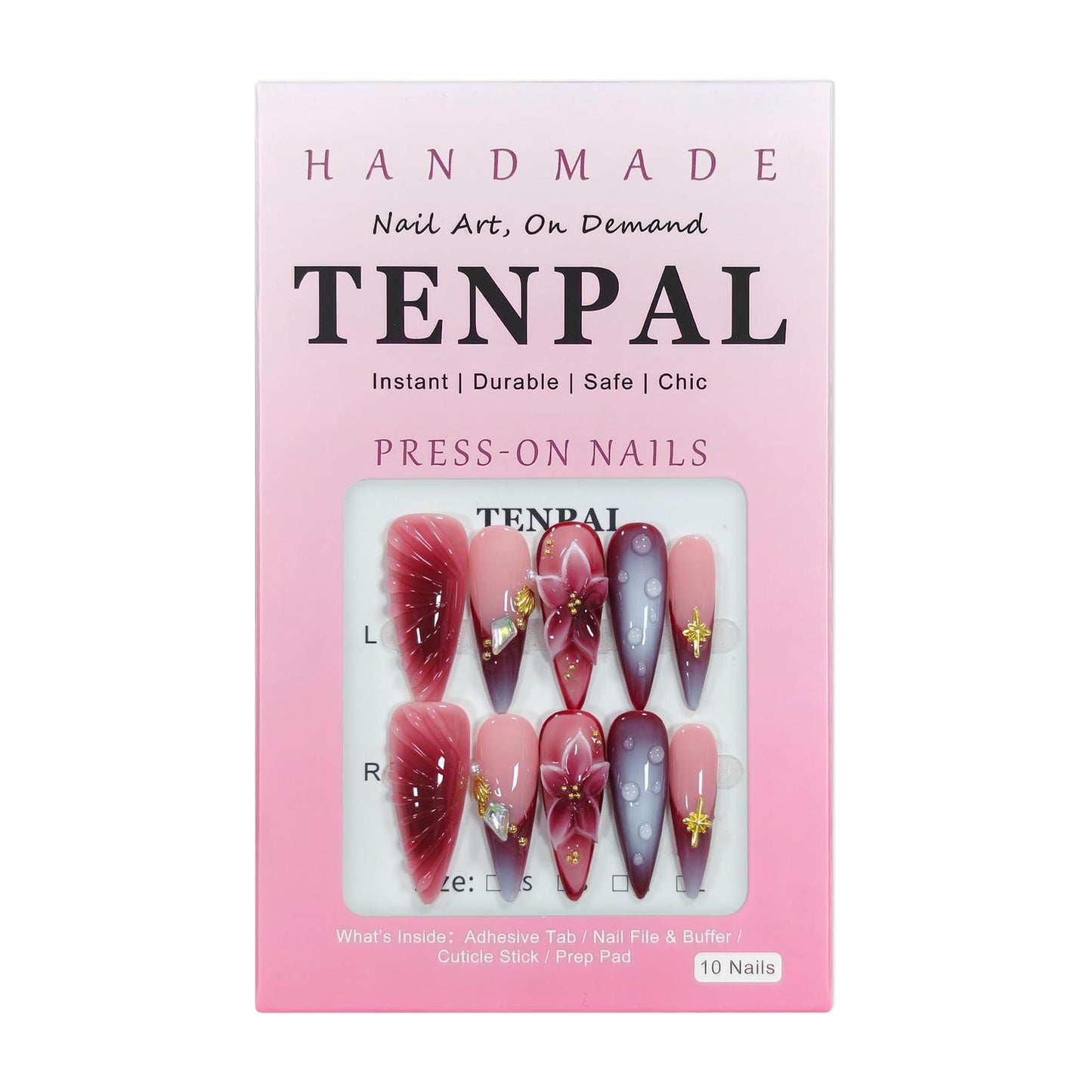 TENPAL Stiletto Press on Nails - Wine Brown Blushing French Fake Nails with 3D Floral Teardrop Design,Glossy False Nails with Tools,Handmade Glamorous Winter Style Glue on Nails for Women Girls(S)