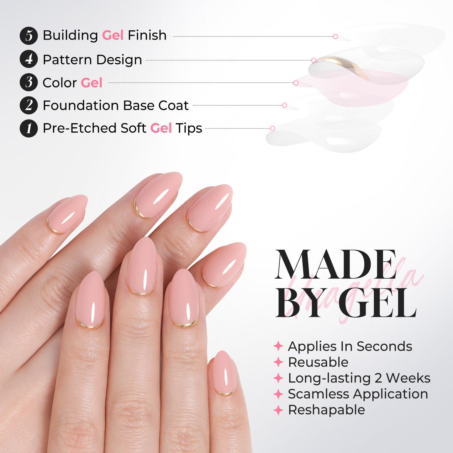 UNA GELLA 32Pcs Soft Gel Press on Nails - 16 Sizes Gold Rim Nude Pink Almond Glue on Nails, Reusable Elegant French False Nails, Full Cover Acrylic Nail Kit for Women DIY Home Manicure
