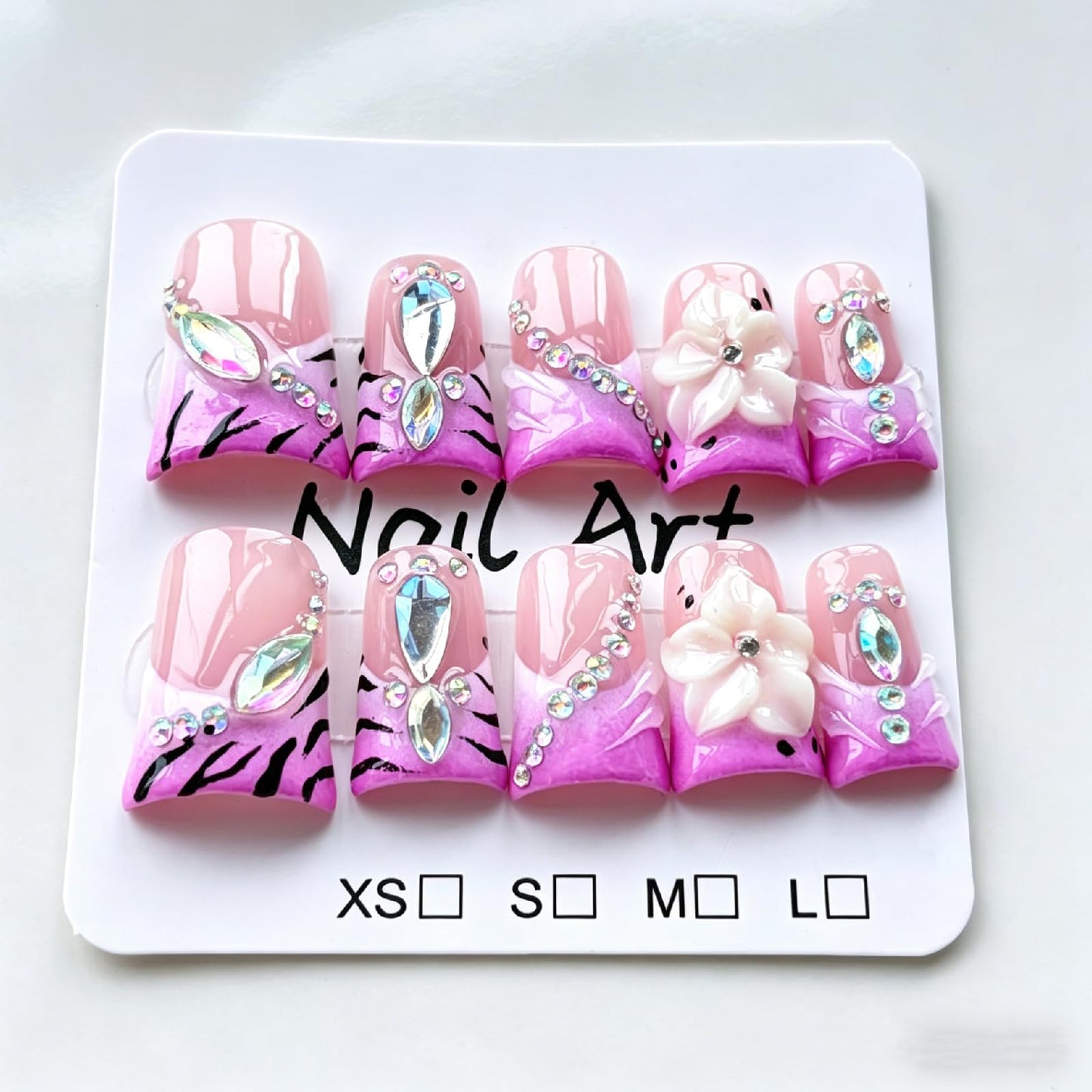 Threelegscat Handmade Short Duck Press on Nails -Pink Purple French Fake Nails With3d Flower& Rhinestone Acrylic Press on Nails for Women Daily& Party 10 PCS Size M