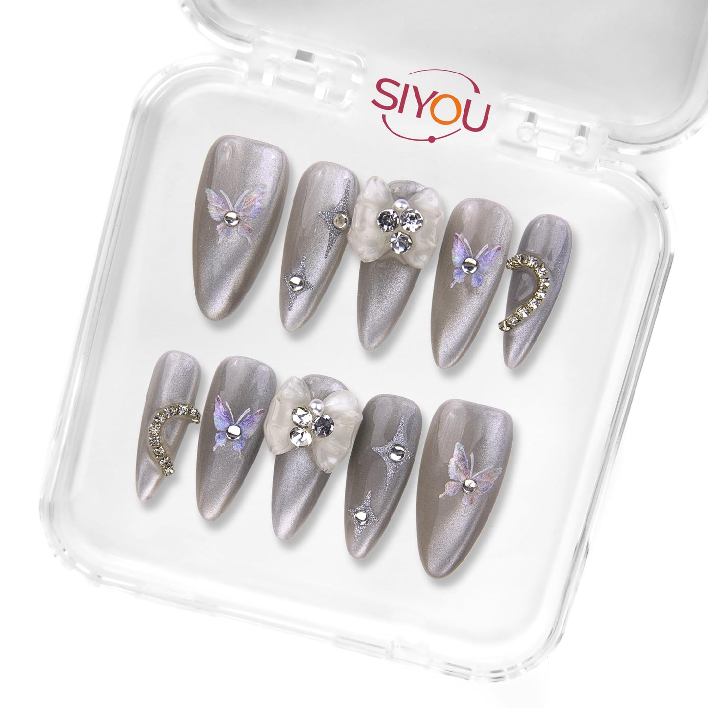 SIYOU Beauty | Shine Petals | Silver and White Rhinestone Floral Long Almond Press On Nails for Women (Medium) - Reusable, Salon-Quality Fake Nails (10pc)
