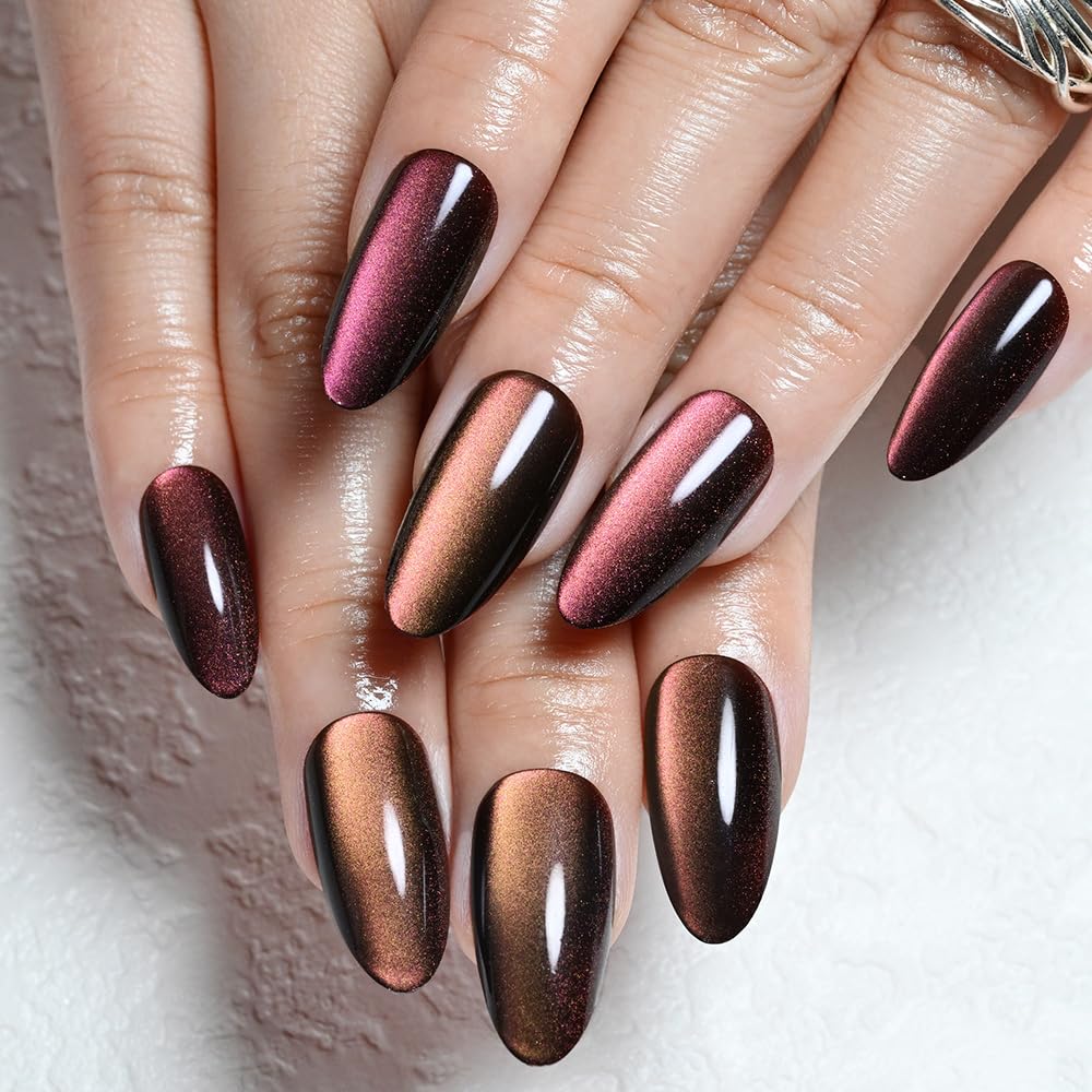 XZMeiLun Cat Eye Purple Red Press On Nails Almond Medium, Magnetic Acrylic Fake Nails Stylish Design, Salon-Quality Shiny Finish, Reusable Stick On Nails Kit for Women, Daily Wear (No Glue Included)