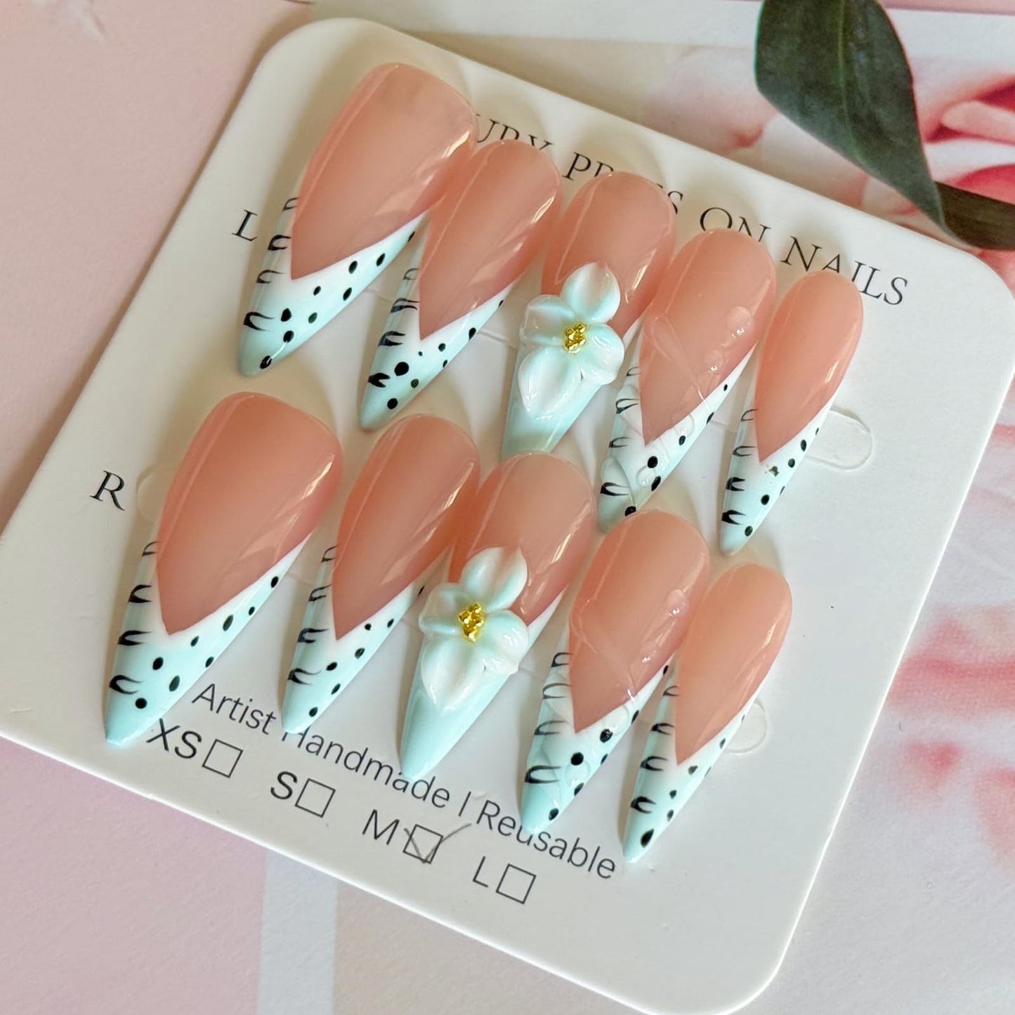 Haozerart Handmade Long Stiletto Press On Nails with Glue Kit, Blue French 3D Floral Fake Nails, Reusable Salon Nails for Women, 10Pcs M Size