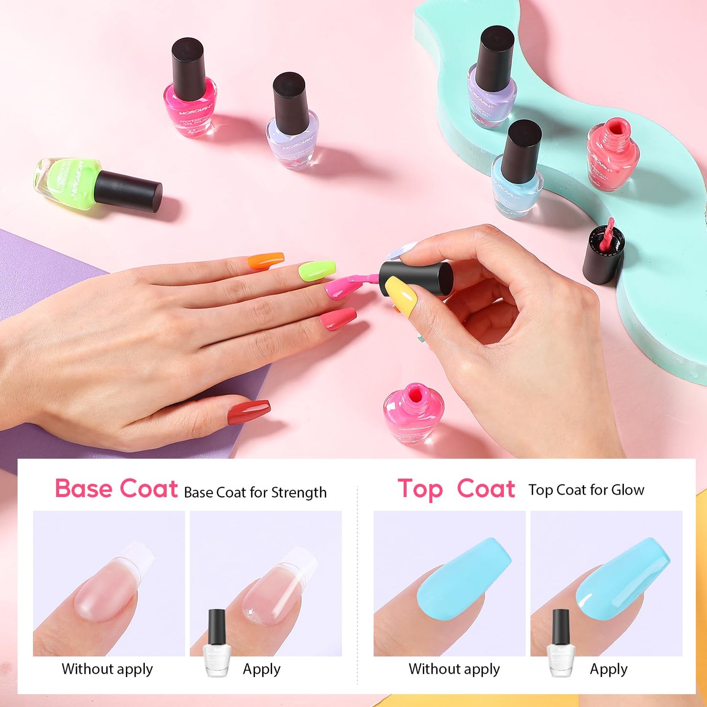 Morovan Nail Polish Set Fingernail: 48PC Air Quick Dry Nail Polish Kit with 2PC Base Top Coat Regular Nail Pack Finger Nail Bulk Gift for Women Girls