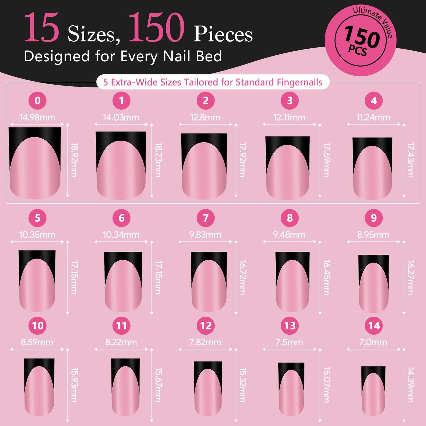 Qiek French Tips Press On Nails - 150Pcs Black Short Square Soft Gel Nail Tips Pre-Designed, 15 Sizes Fake Nails for Nail Art DIY, False Nails Salon Quality Manicure at Home Gifts For Women
