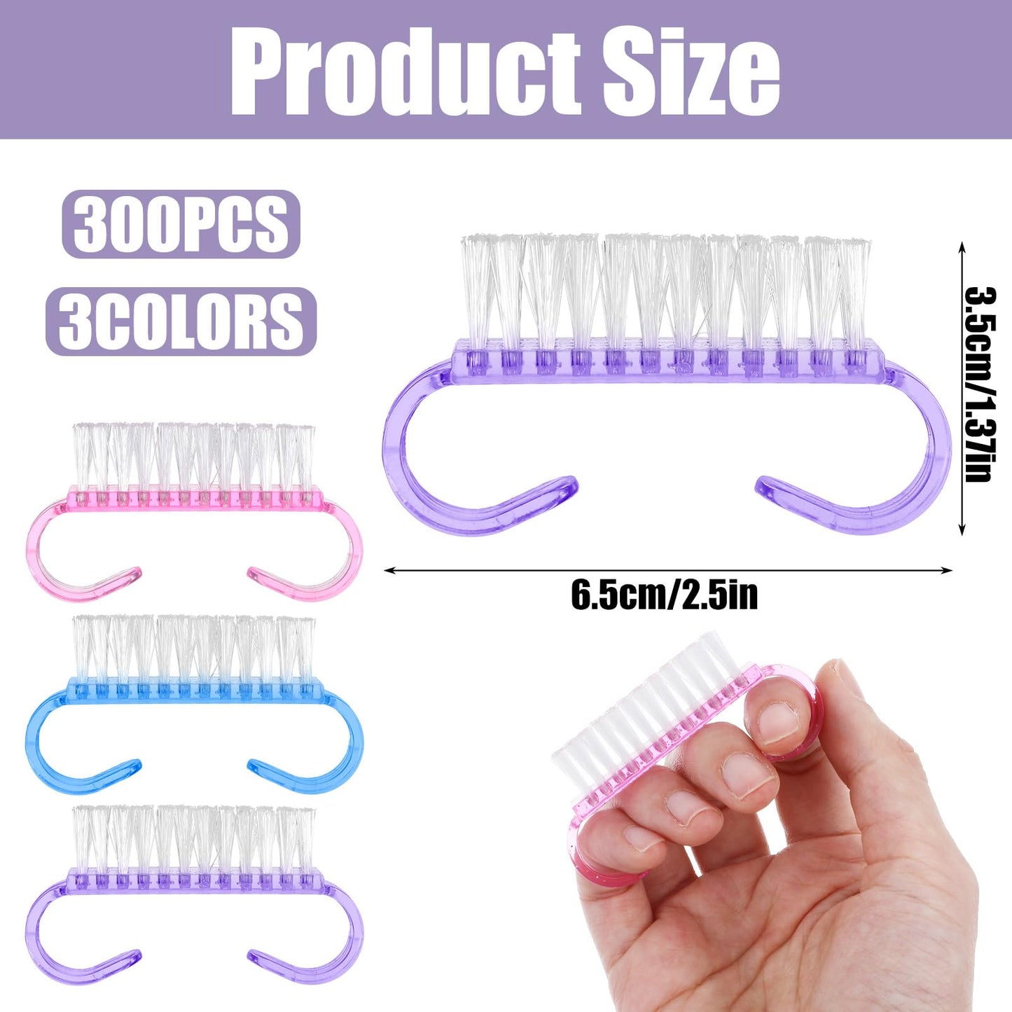 300 Pack Handle Grip Nail Brush Bulk, Small Nail Scrub Brush Nail Brush for Toes and Nails Cleaner, Pedicure Scrubbing tool kit for Men and Women (3 Colors)