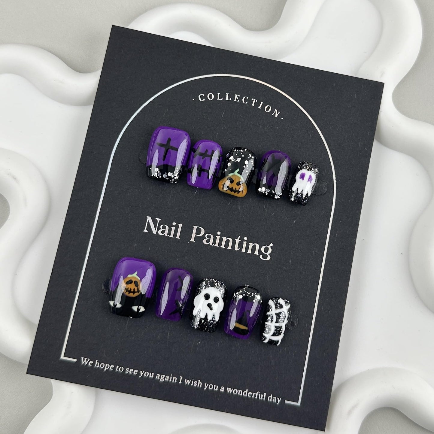Halloween Press on Nails Handmade Short Square Fake Nails with Pumpkin Ghost Designs Balck Purple French tips Glue on Nails Press ons Reusable Halloween Nails for Women Manicure Size L