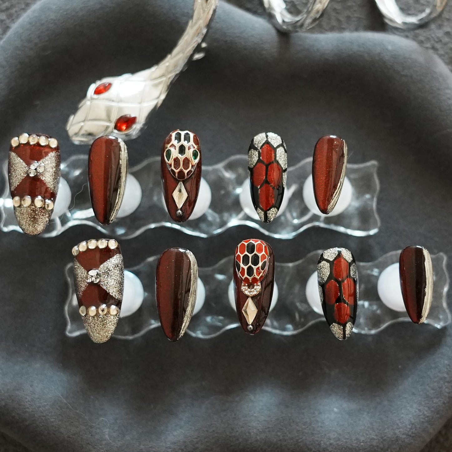 Tesytto Dark Red Press on Nails Medium Almond - Luxury 3D Snake Charm Handmade Design, Gothic Rhinestone Glossy Reusable Fake Nails (Red Flame,M)