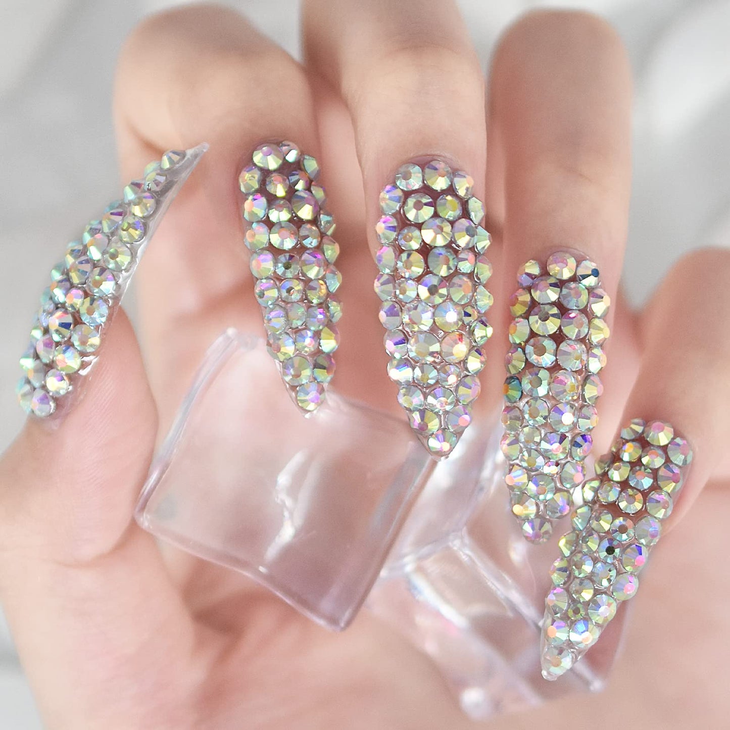 All Diamond Gorgeous, Press On Nails Long Stiletto EchiQ, Rhinestone Gem 3D Nails Art Design Fake Nails, French Acrylic Glossy Almond Faux Ongles Kits, Reusable Full Cover for Women Girls Gift, 24 pcs