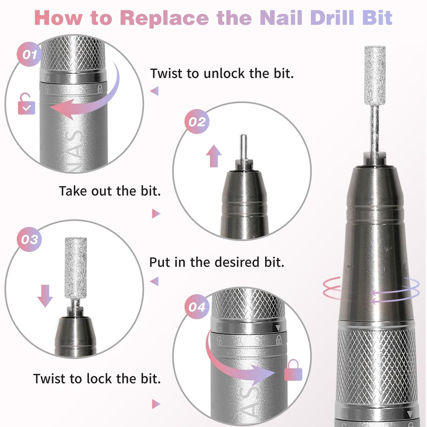 Electric Nail Drill Machine Professional, 40000 RPM Cordless Nail File Low Noise, Portable Rechargeable Nail Drill with Bits Kit for Acrylic Gel Nails Manicure & Removal