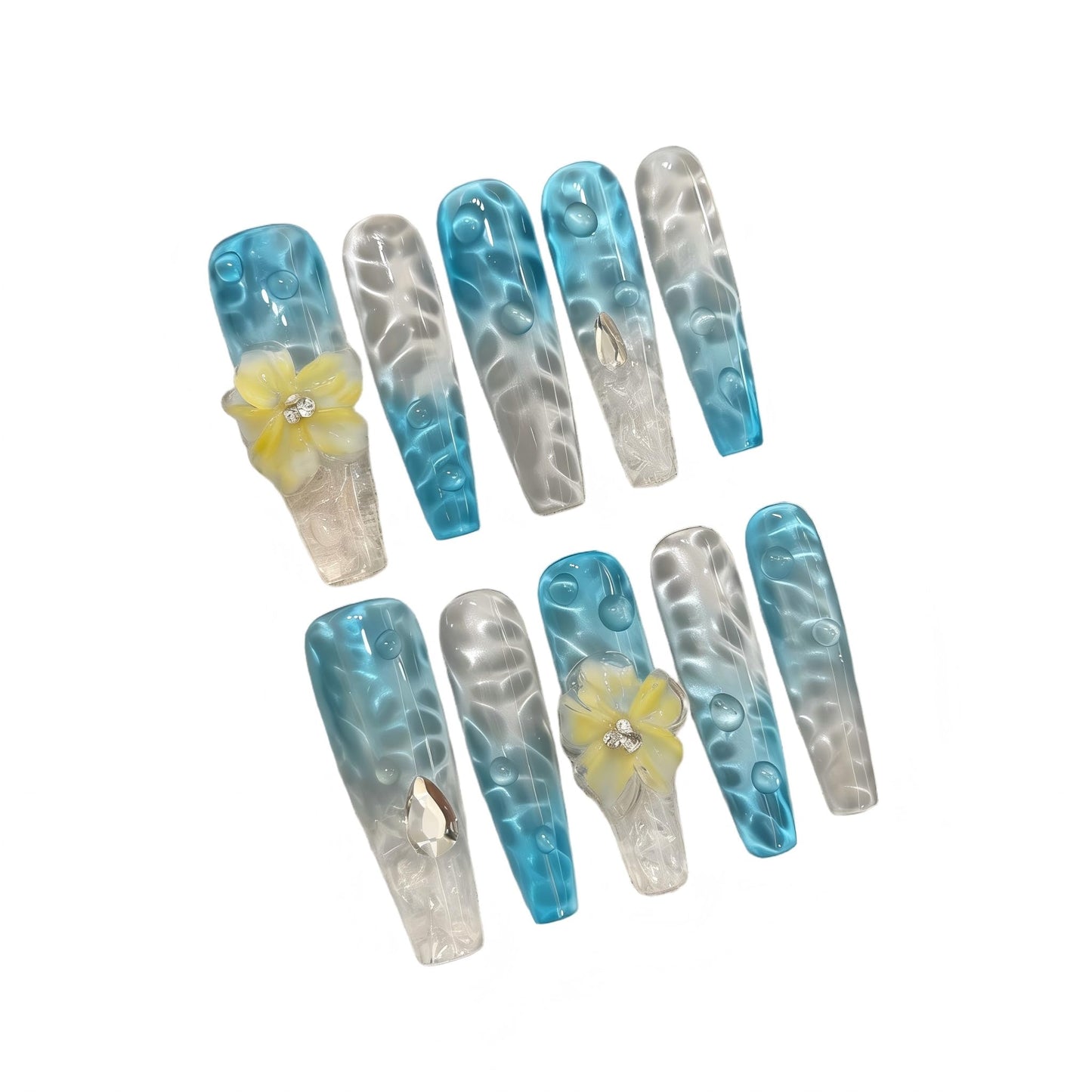 Summer Ocean Fake Nails, Blue Gradient Stiletto Coffin Nails with 3D Flowers & Glitter, Long Fake Nails for Women, Water Wave Design (S)
