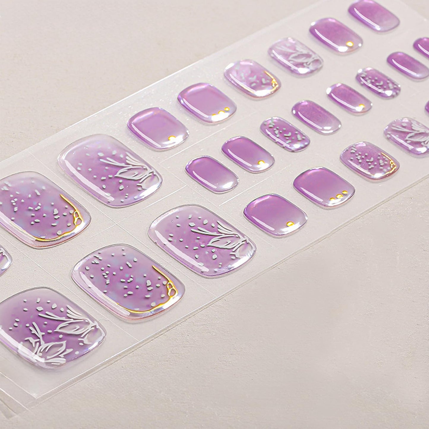 XEAOHESY 26pcs Semi Cured Gel Toe Nail Strips, Pedicure Nail Strips, Toe Nail Stickers, Needs to Be Cured, Come With Nail File, Wood Cuticle Stick, Plastic Press Stick（Purple+Flower）