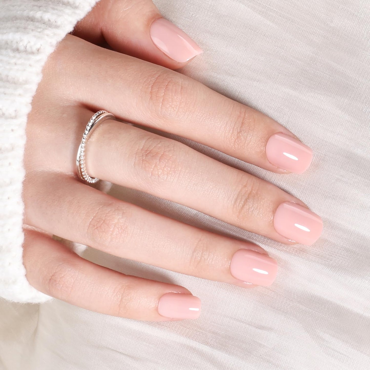 Leefrei Press on Nails Short - Square Nails Press ons for Women, Reusable Glossy Nude Pink Glue On Nails 30 Pcs 15 Sizes Fake Nails Kit with Glue, Soft Blush