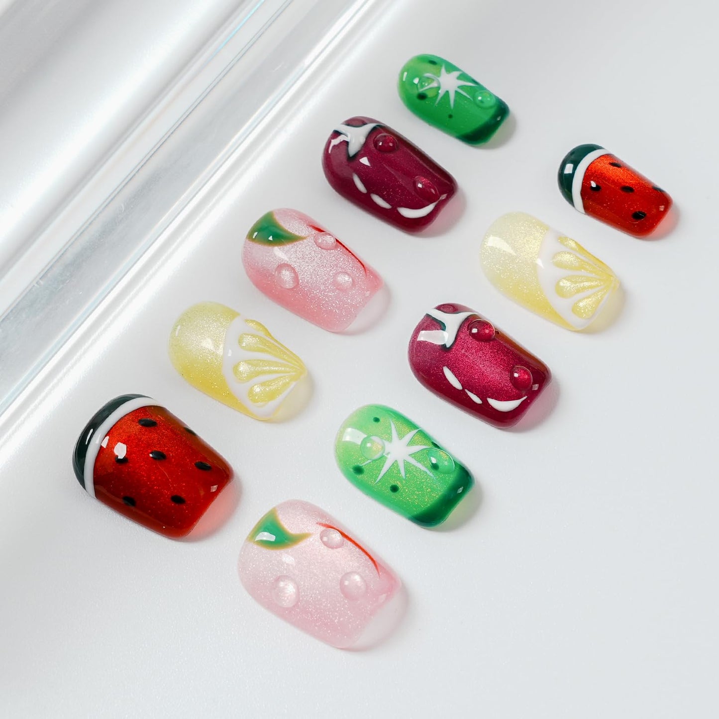 Tesytto Glitter Press on Nails Short Coffin Summer Fruit Nails Cateyes with 3D Water Drop, Hand-painted Watermelon & Lemon Art, Reusable Acrylic Full Cover Fake Nails, 10pcs (Fruit Party,S)