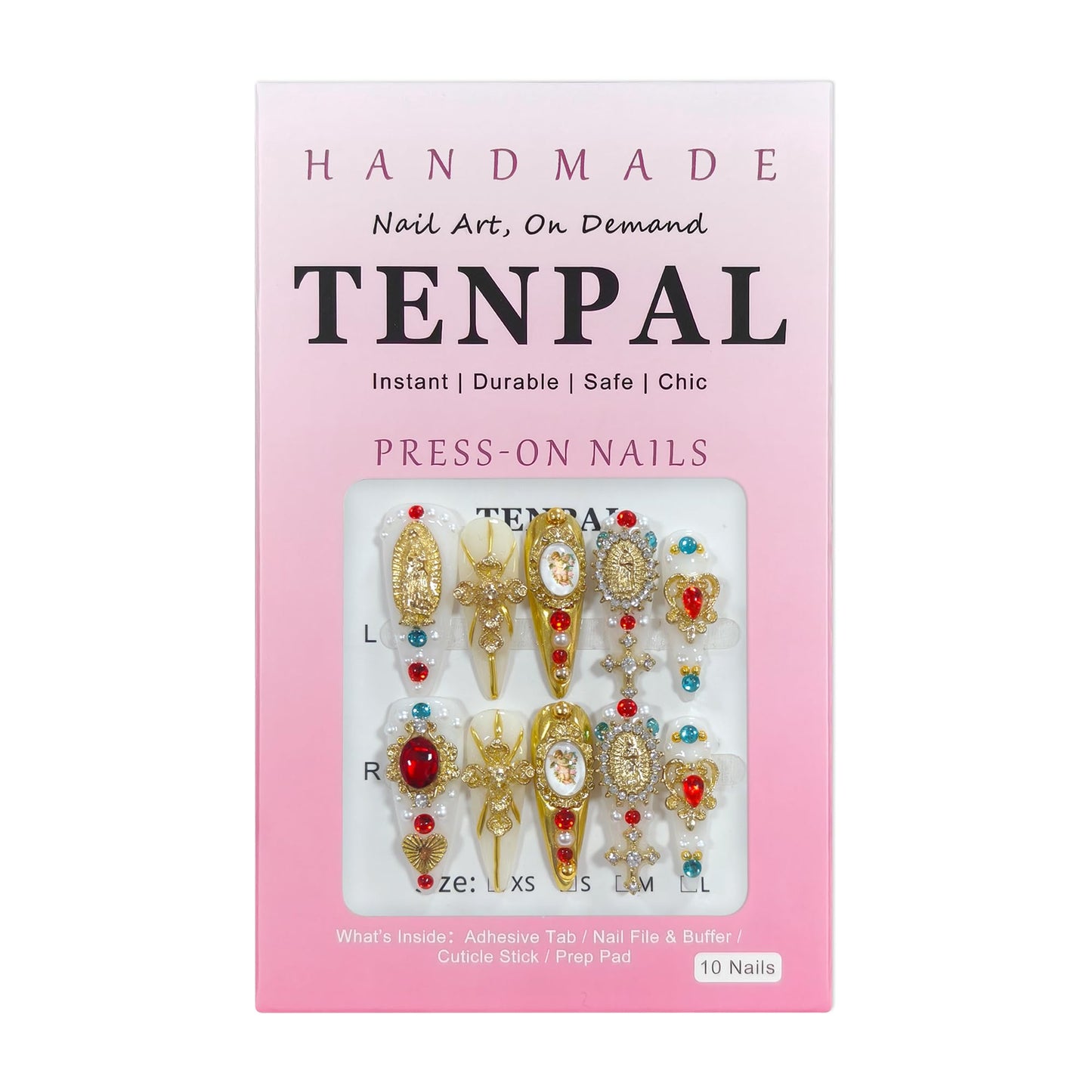 TENPAL Handmade Press on Nails Long Stiletto - Religious Metallic 3D Design Fake Nails with Our Lady Cross & Angel Charms,Acrylic Glossy Luxury Baroque Gothic Style False Nails for Formal Events(L)