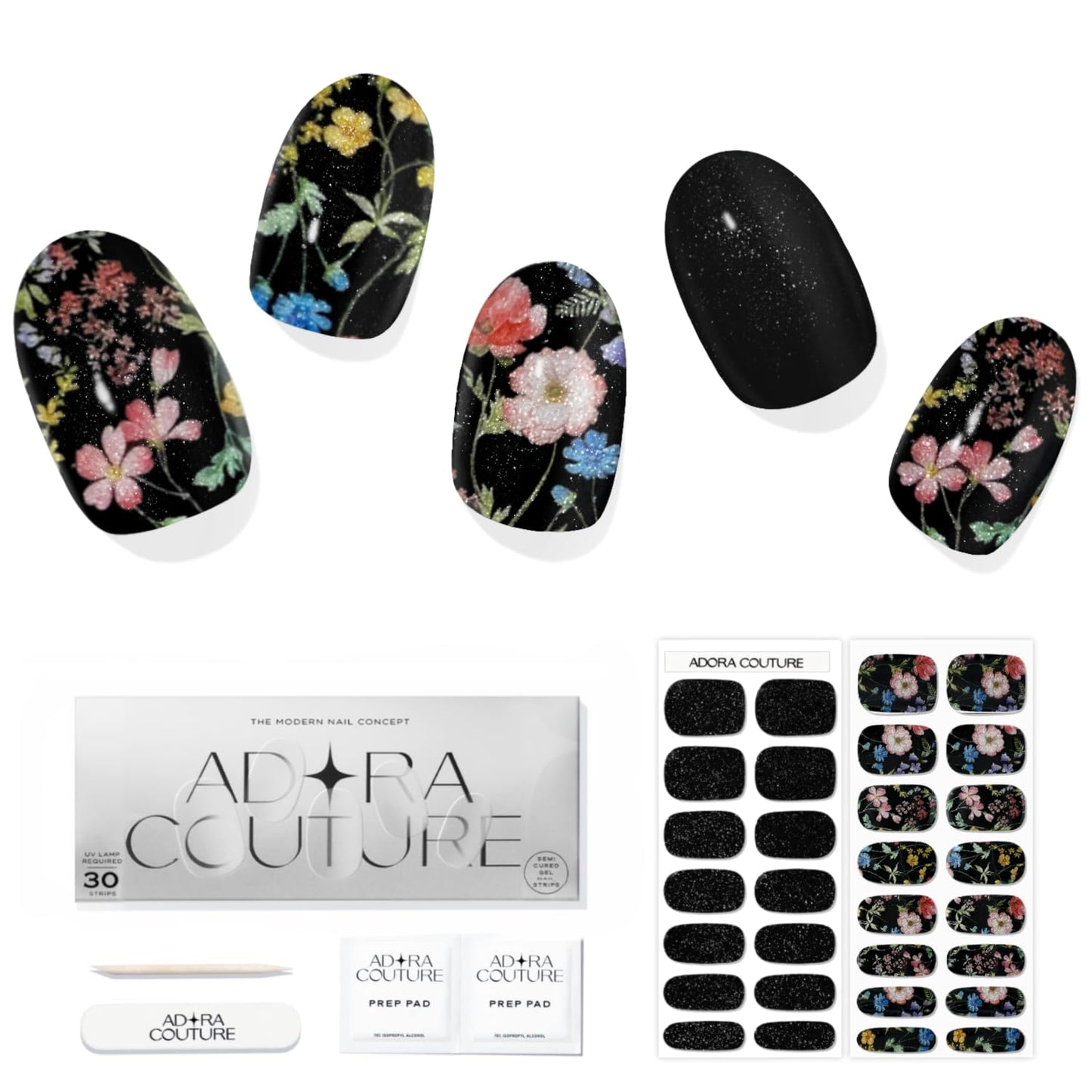 Adora Couture Semi Cured Gel Nail Strips with 30 Pieces - Salon Quality Manicure Kit for Women Easy Application Wraps Includes Prep Pads Nail File Wooden Stick, UV Light Required (Black Garden)