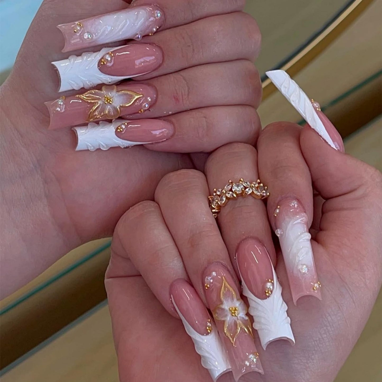 octoswave Press on Nails Long Square Fake Nails White French Artificial Nail 3D Embossed Flowers Pearl Stick on Nail for Women 24pcs