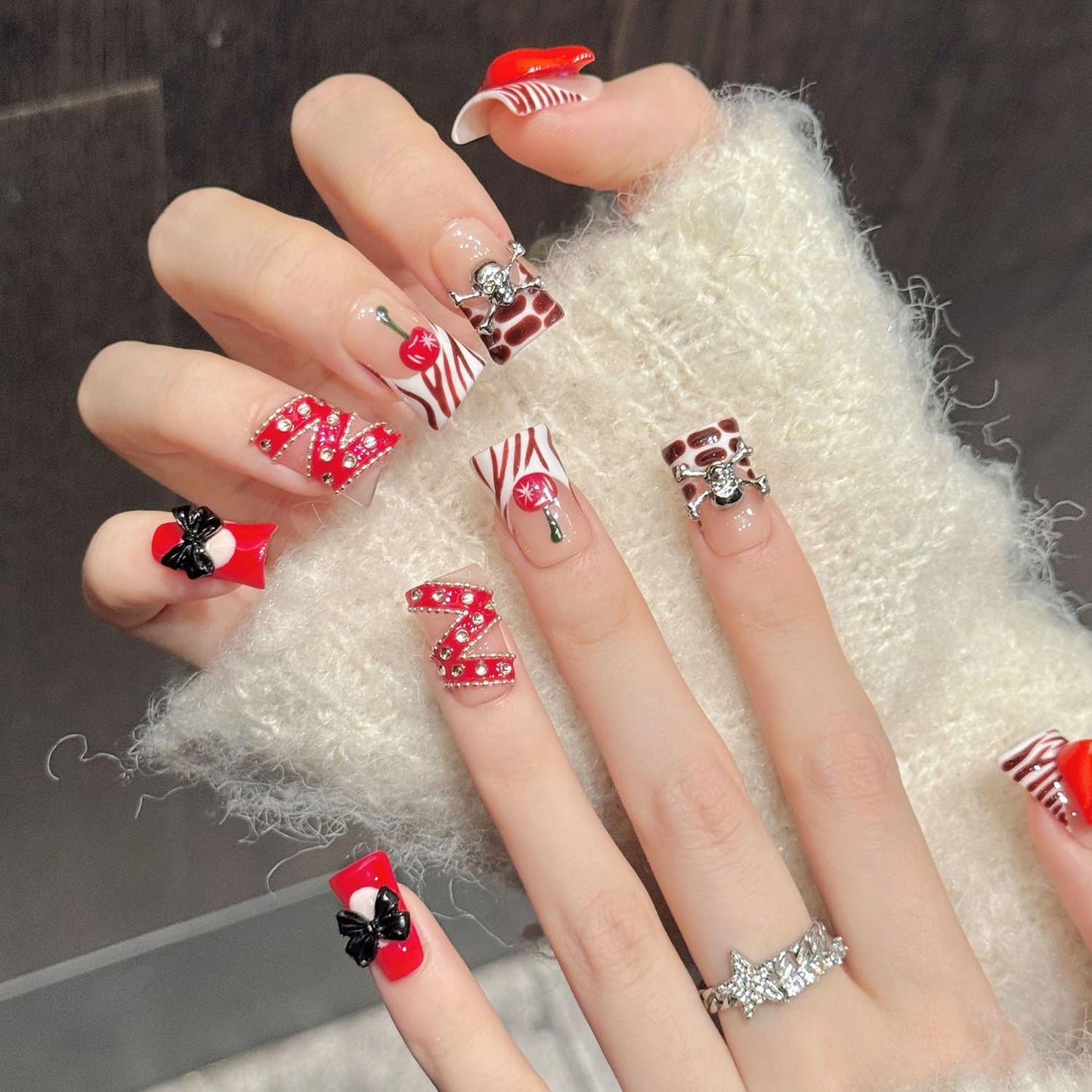 10Pcs Valentines Short Square Press on Nails Handmade Fake Nails French Red Lips Silver Skull Black Bow Design Valentine Full Cover Glue on Nails for Women（Size S）