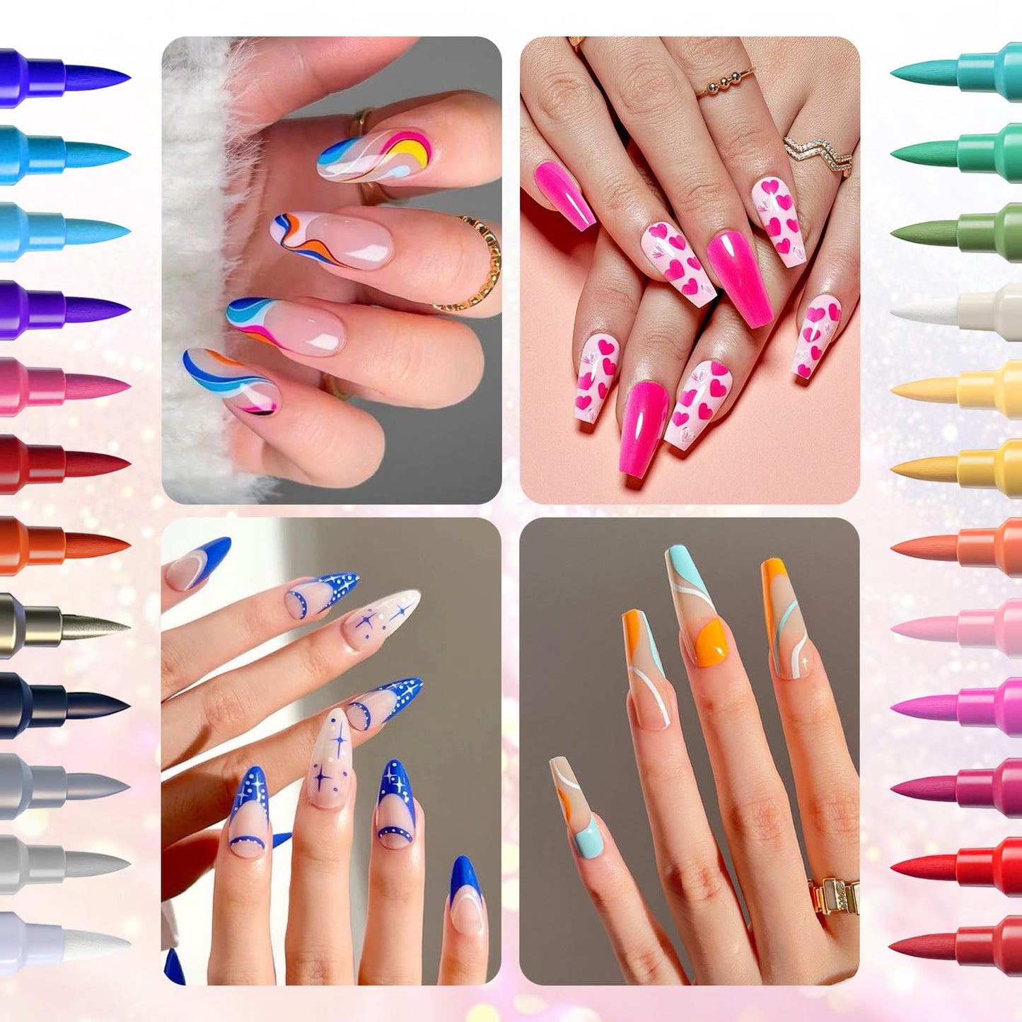 Nail Art Pen Stencil Sets, 24 Colors Double-Ended Nail Art Makers+ 14 Sheets Nail Stencils, Quick-drying Nail Art Tool for Women & Girl Brush Dotting Liner DIY Nails Art Design, Home & Salon Use